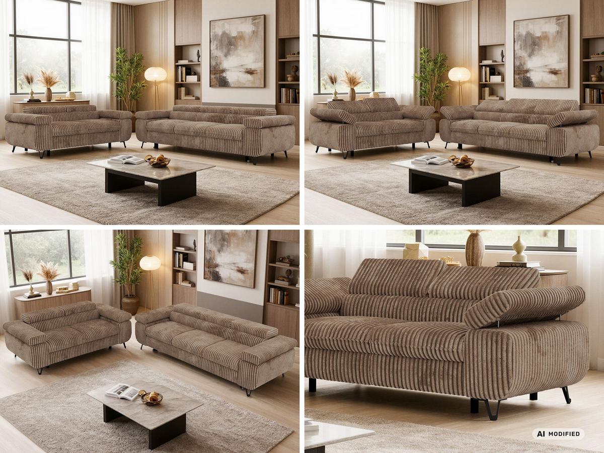 SITZGARNITUR PETERS 2+3 - Braun Cord - Schwarz/Braun, Textil/Metall (262/76/99cm) - MKS