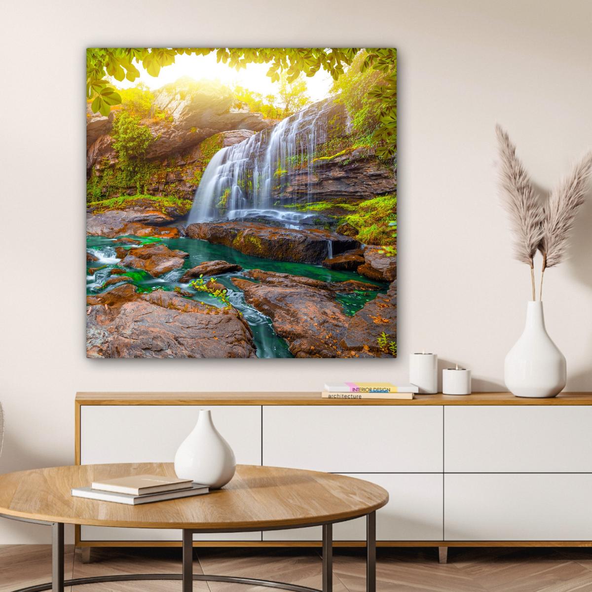 LEINWANDBILD Natur - Wasserfall - Pflanzen - Bäume - Sonne Deko Groß 90x90 cm - Olivgrün, Textil (90/90cm) - MuchoWow