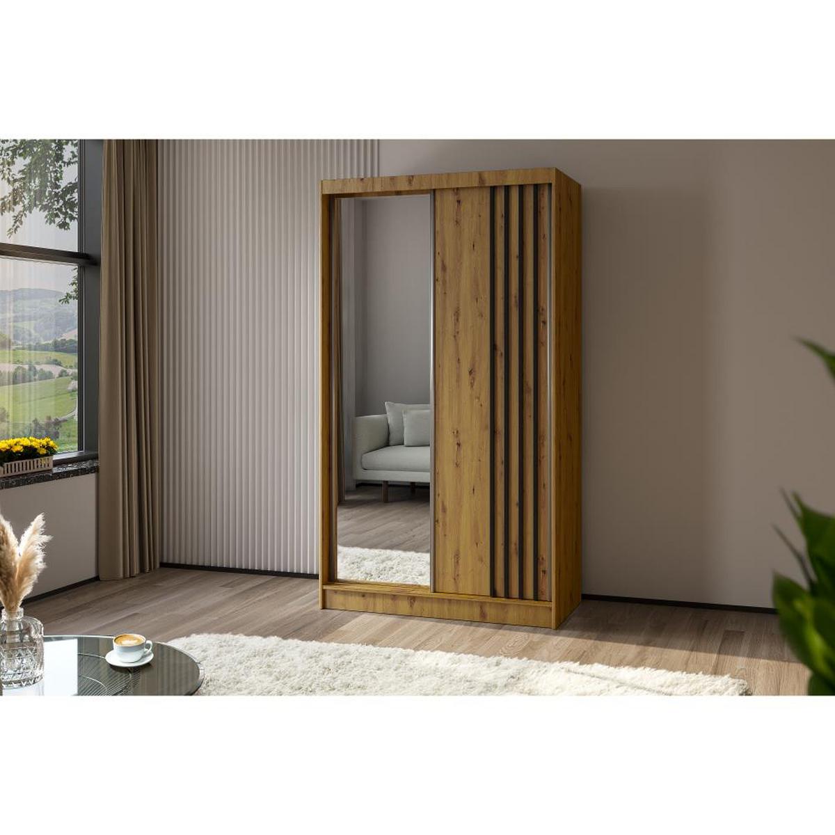 SCHWEBETÜRENSCHRANK Nela II 120/216/61 eiche Artisan mit Schubladen - Schwarz/Eiche Artisan, Holzwerkstoff (120/216/61cm) - Beautysofa