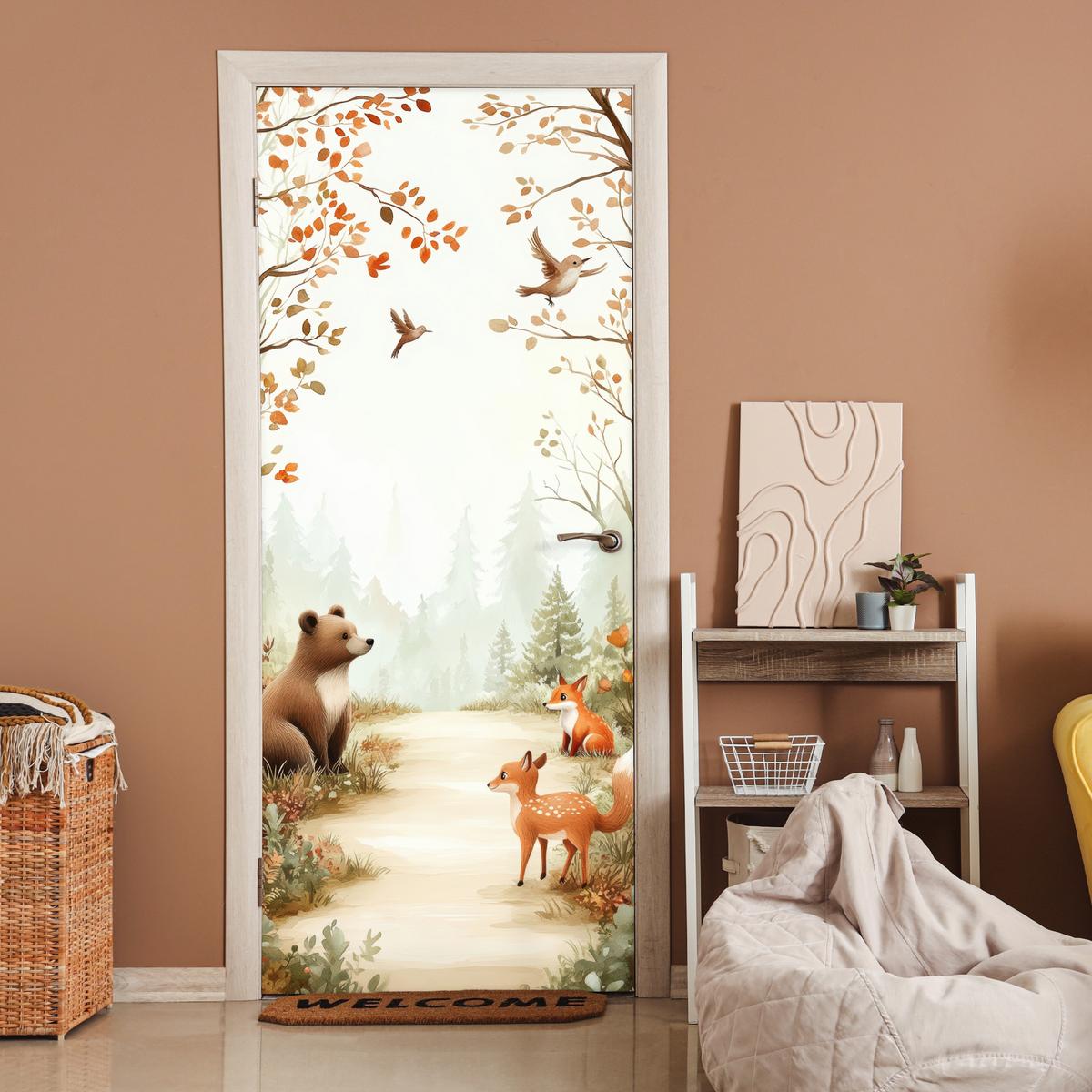 TÜRAUFKLEBER Wald - Herbst - Waldtiere - Bär - Fuchs 90x215 cm - Türtapete - Kastanienfarben, Kunststoff (90/0.1cm) - MuchoWow