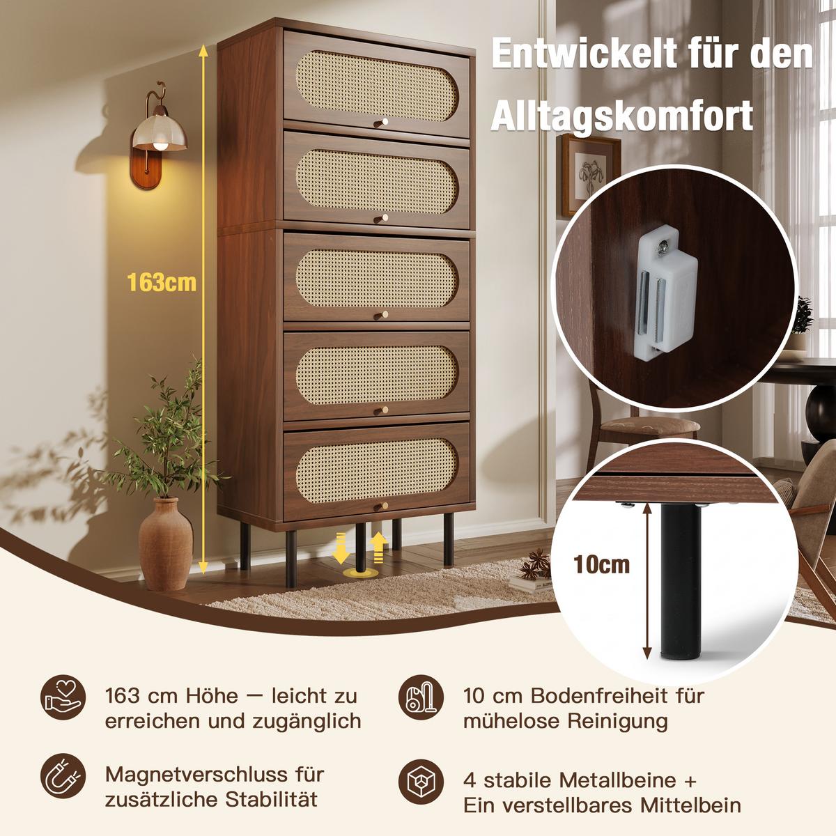 BUFFETSCHRANK Nussbaum & Rattan, 5 Klappen, Metallbeine - Walnussfarben, Holz (80/163/40cm) - Urban Meuble