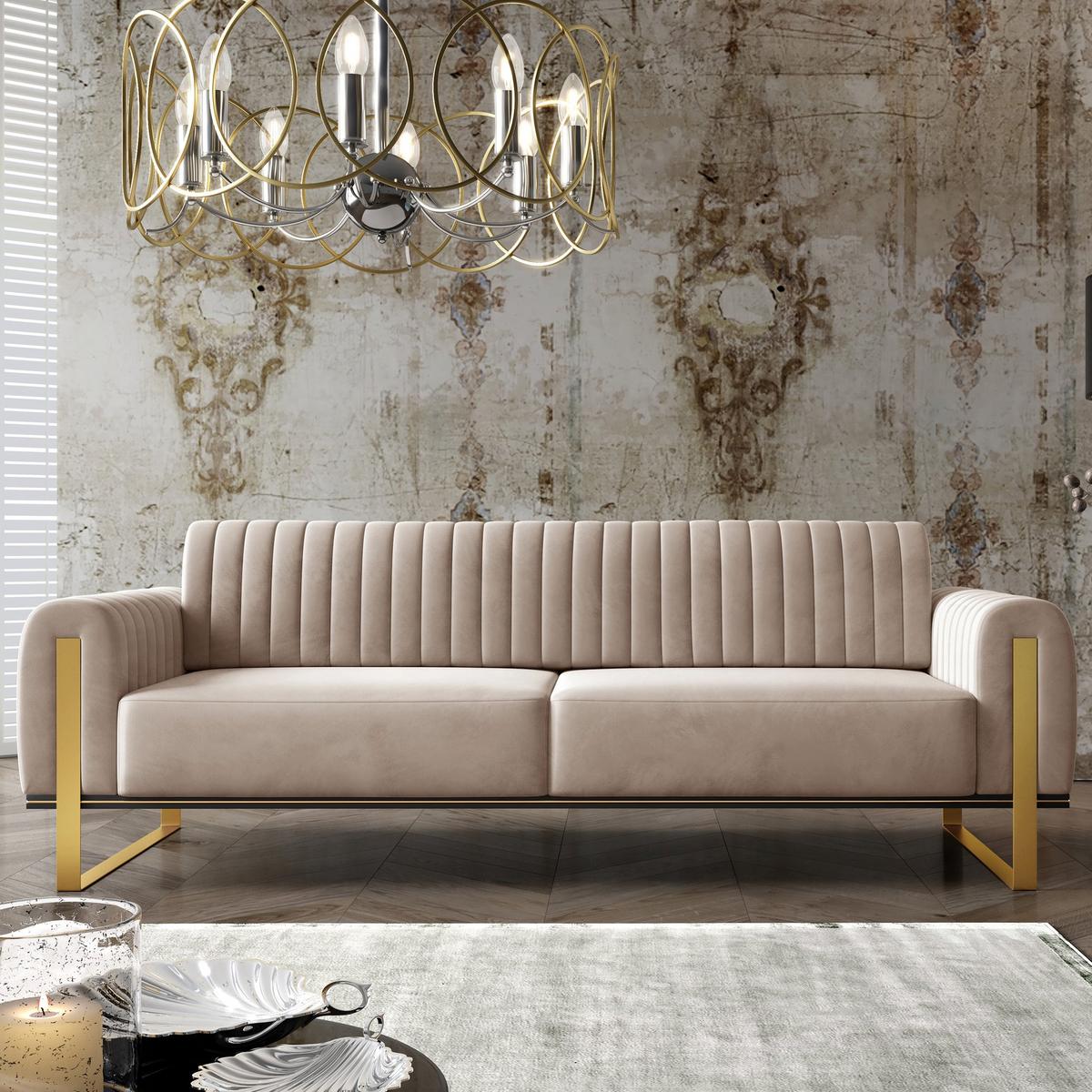 SOFA Parissa 228 cm - Ecru/Goldfarben, Textil/Metall (228/79/92cm) - Selsey