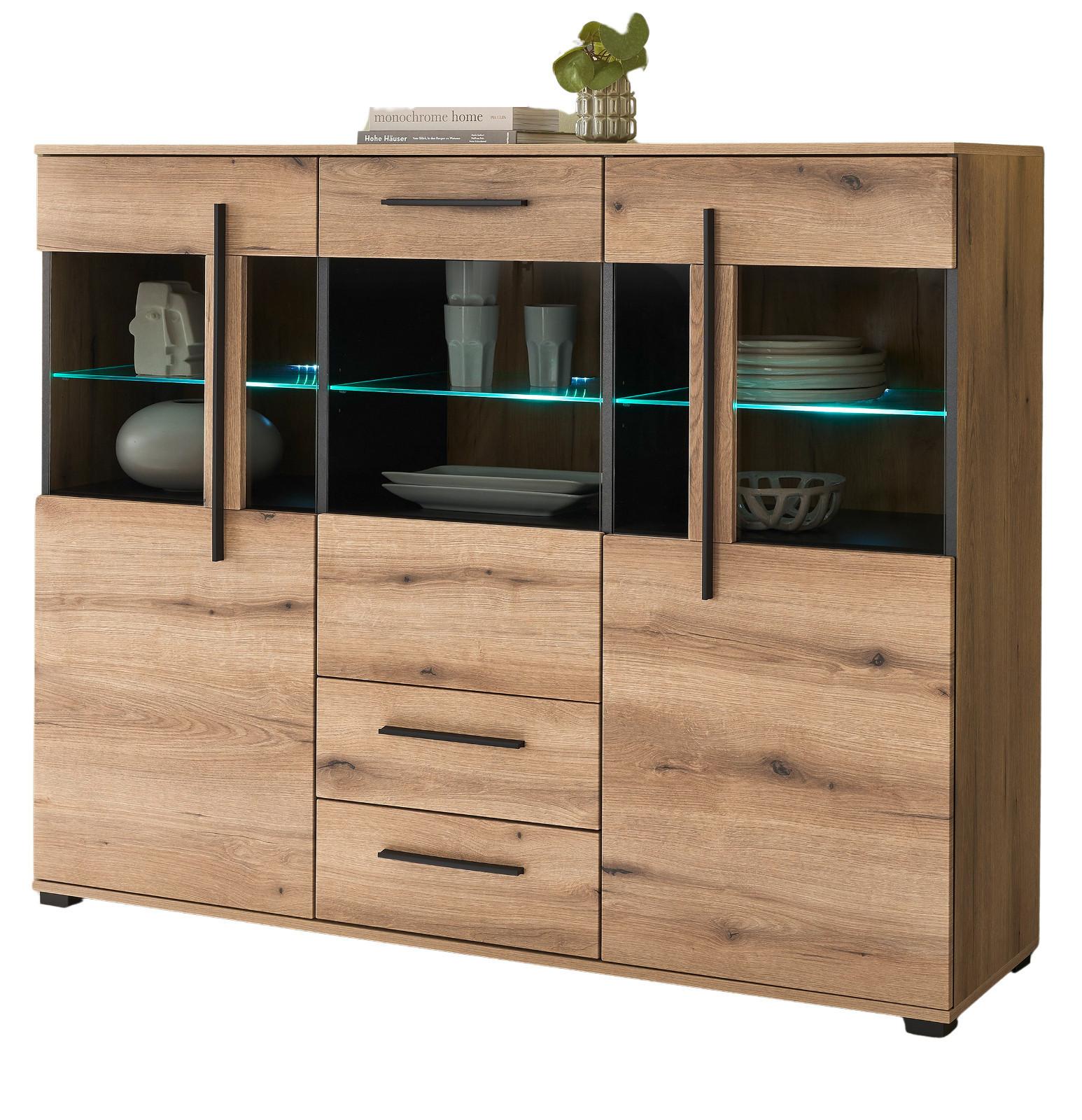 HIGHBOARD Eiche Evoke, Kommode 160 cm, 11 Fächer und 2 Soft-Close Schubkästen - Eichefarben/Schwarz, Glas/Holzwerkstoff (160/126/42cm) - Furn.Design