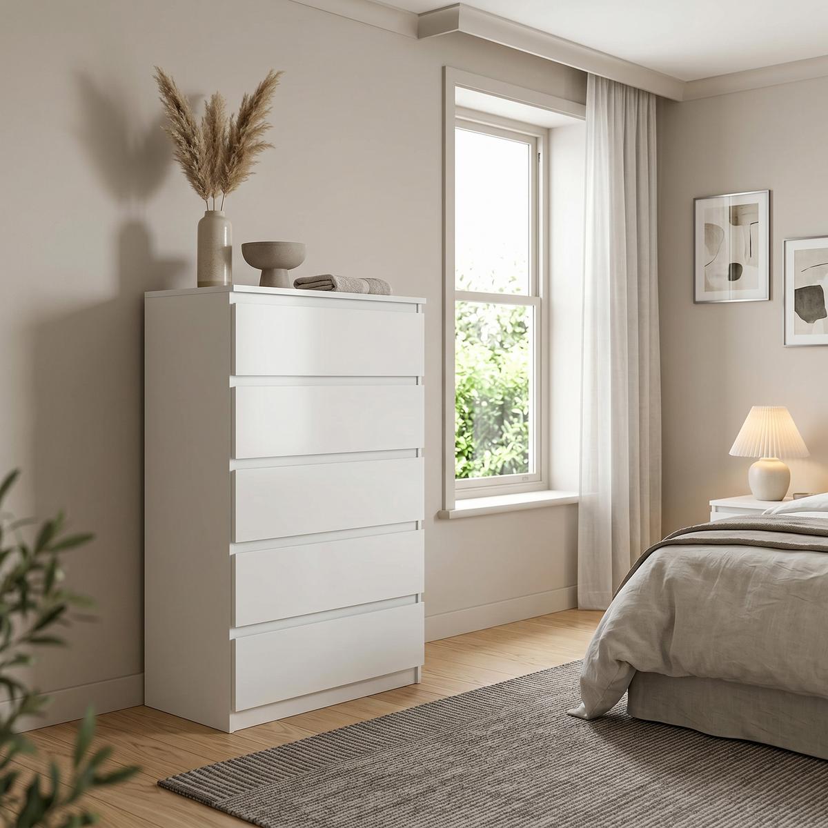 KOMMODE NUDO 70/124,5/39cm mit 5 Schubladen Türen Weiß - Weiß, Holzwerkstoff (70/124.5/39cm) - MASSENO