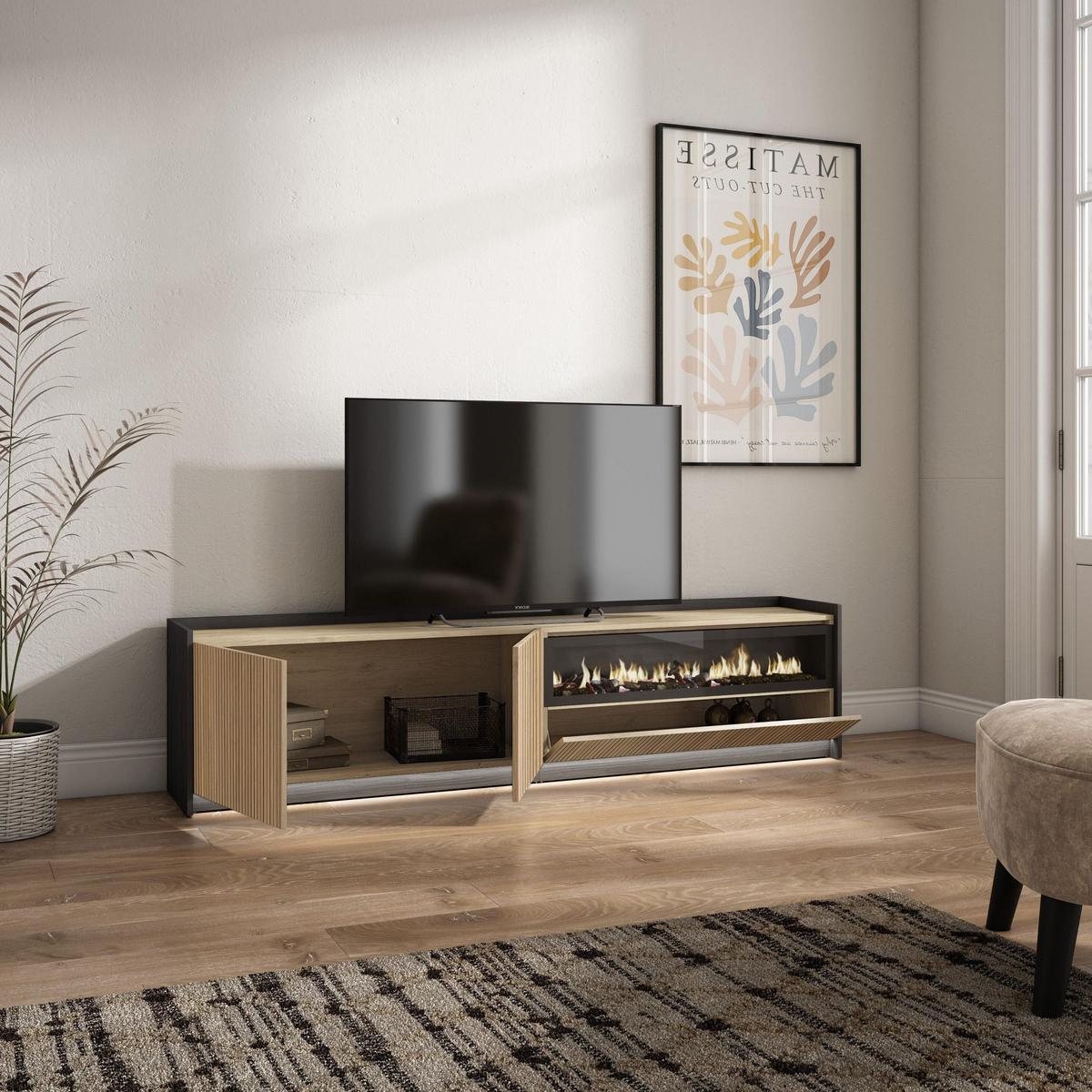 LOWBOARD, Eiche und Schwarz, 207/37/50cm, Elektrokamin, Led - Eichefarben, Holzwerkstoff (207/50/37cm) - Skraut Home