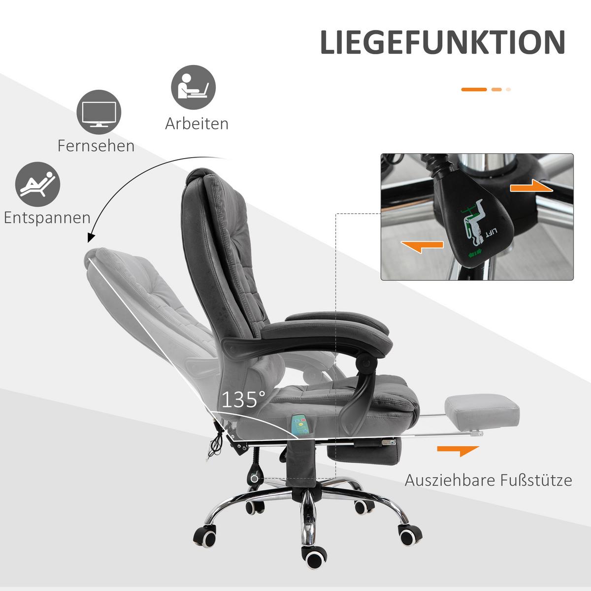 CHEFSESSEL mit Massagefunktion, Ergonomisch Schreibtischstuhl mit Liegefunktion - Blau/Silberfarben, Kunststoff/Textil (70/119/65cm) - Vinsetto