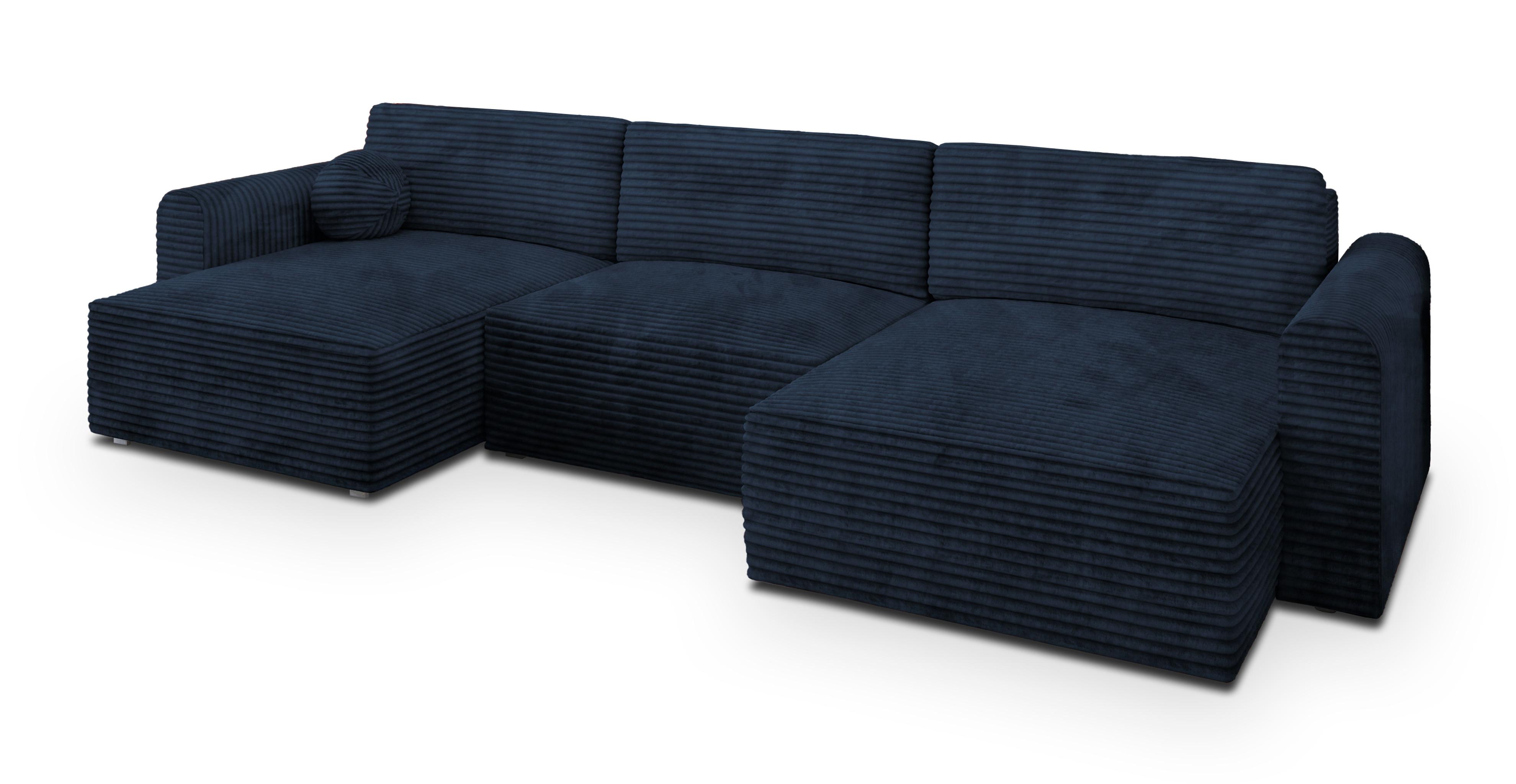 WOHNLANDSCHAFT FENTO Blau Kordstoff mit Schlaffunktion - Blau, Holz (347/90/148cm) - MASSENO