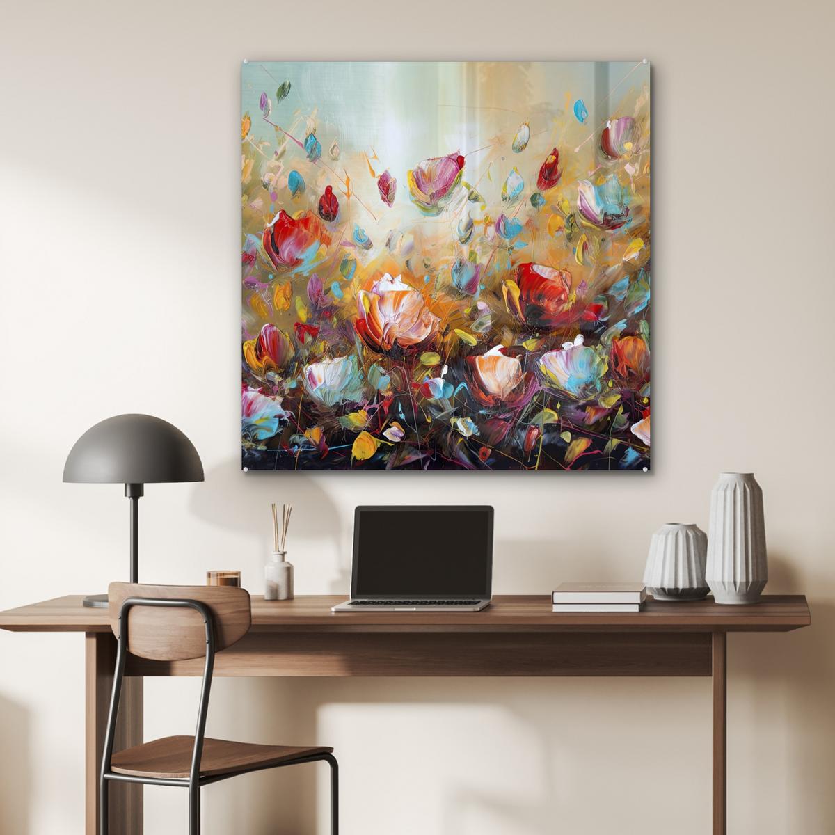 ACRYLGLASBILD Blumen - Kunst - Natur - Ölgemälde 90x90 cm - Multicolor, Glas (90/90cm) - MuchoWow