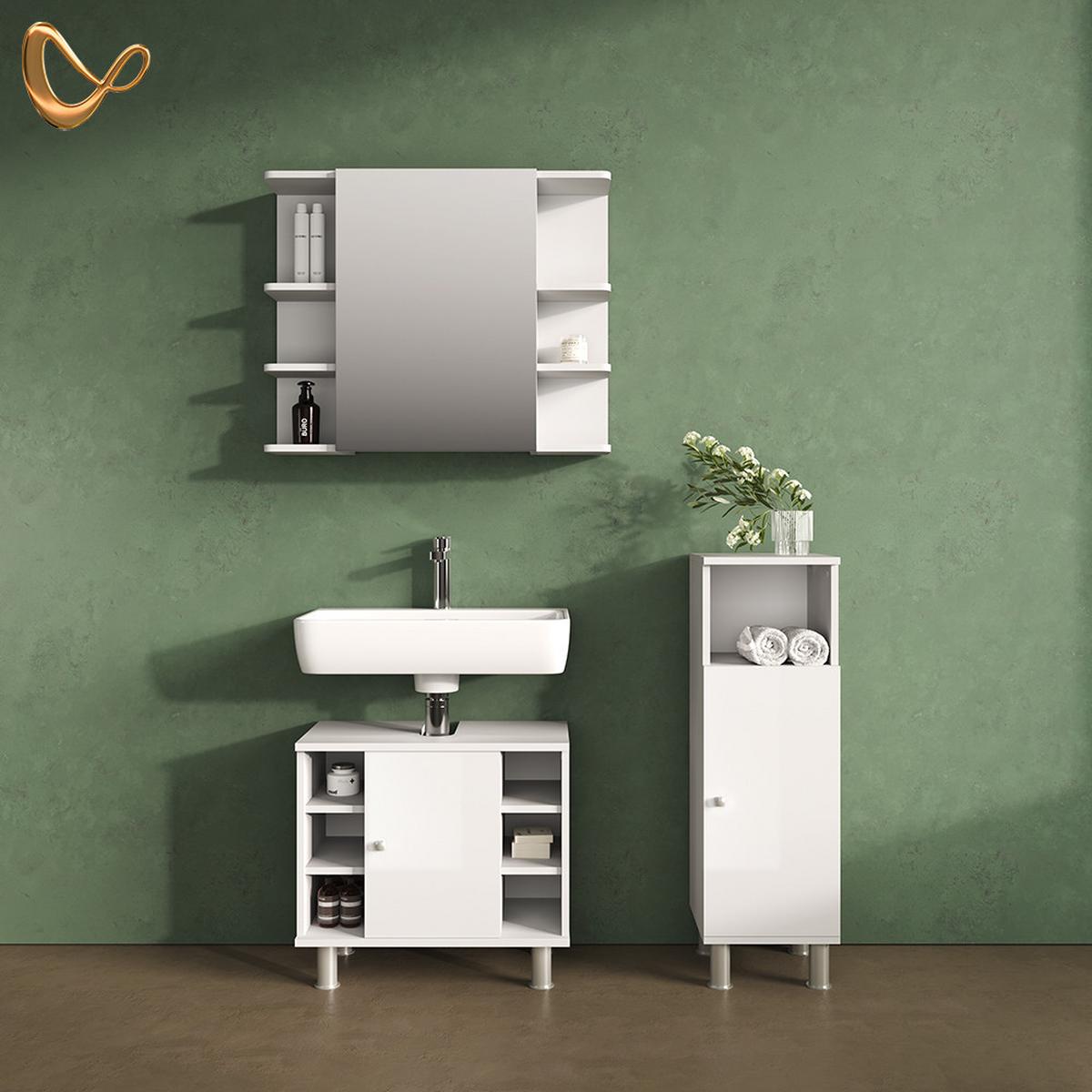BADMÖBEL-SET Fucino Weiß Hochglanz 3 Teile, mit Midischrank - Weiß Hochglanz, Holzwerkstoff (60/54/32cm) - Livinity®