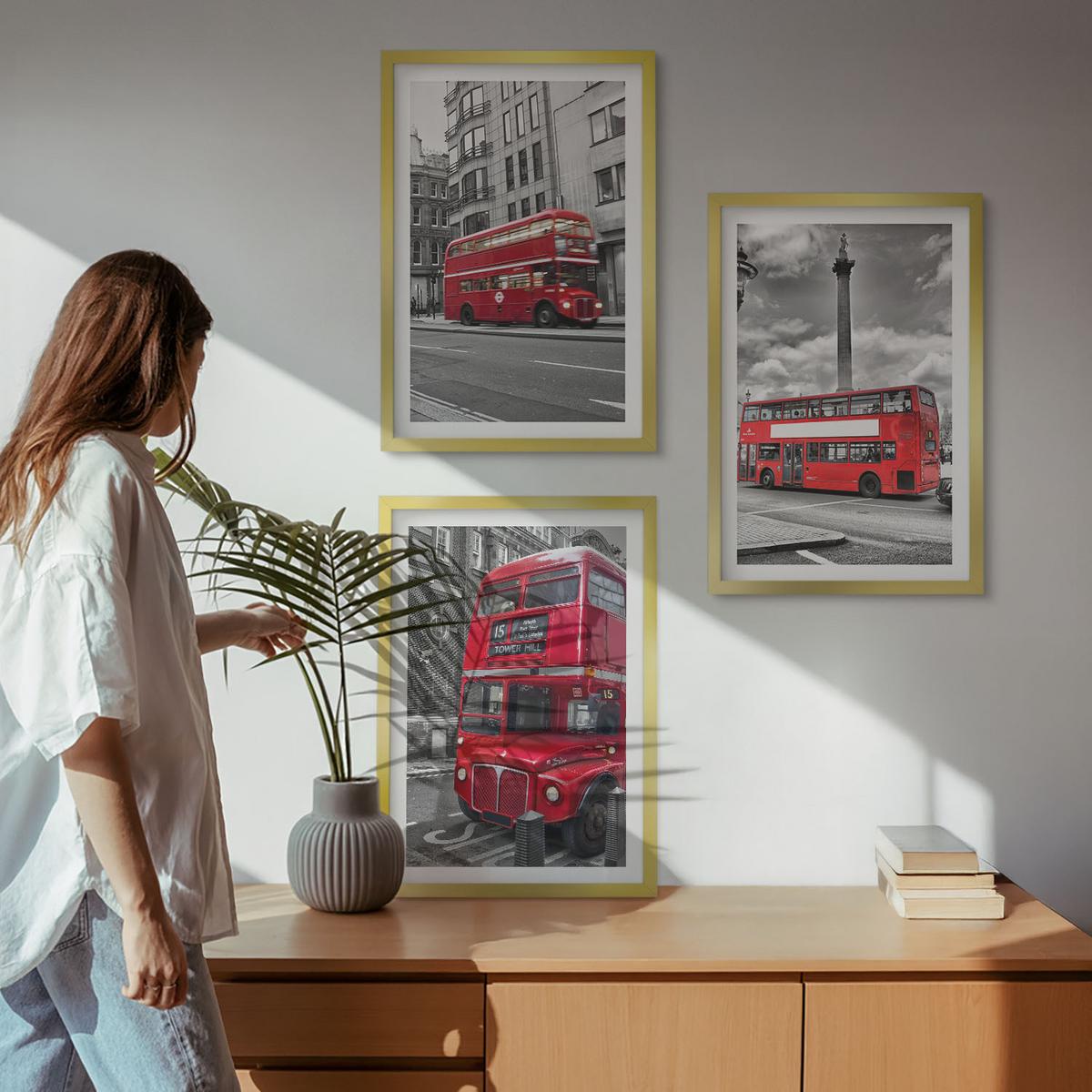 BILDER SET 3er Set - 40x60 cm Goldrahmen - Rote Busse in London - Goldfarben, Kunststoff (40/60cm) - TULUP