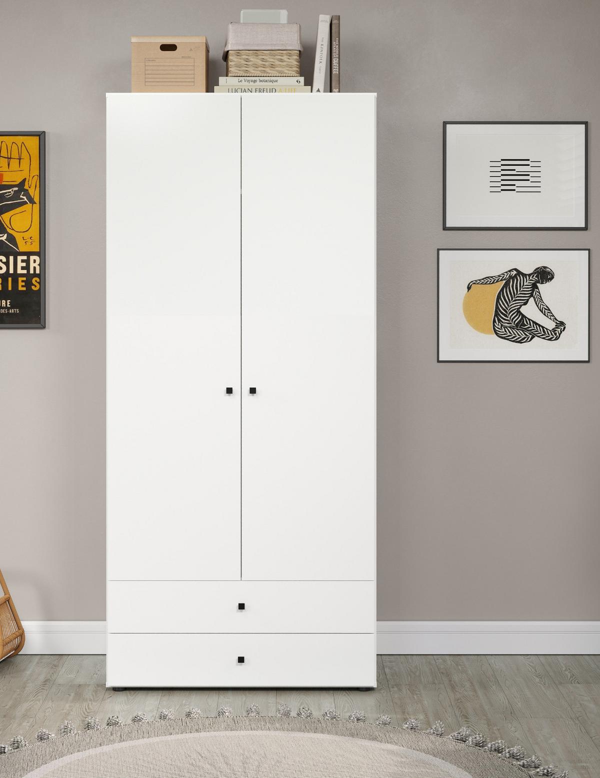 KLEIDERSCHRANK weiß 81 x 176 cm, Drehtürenschrank 2-türig mit Schubalden - Schwarz/Weiß, Holzwerkstoff/Kunststoff (81/176/51cm) - Top.Furn