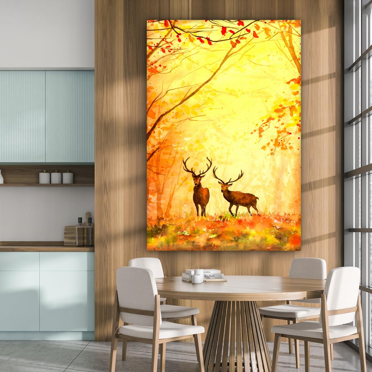 LEINWANDBILD Natur - Ölfarbe - Hirsche - Tiere - Herbst - Orange Deko Groß 90x140 cm - Orange, Textil (90/140cm) - MuchoWow