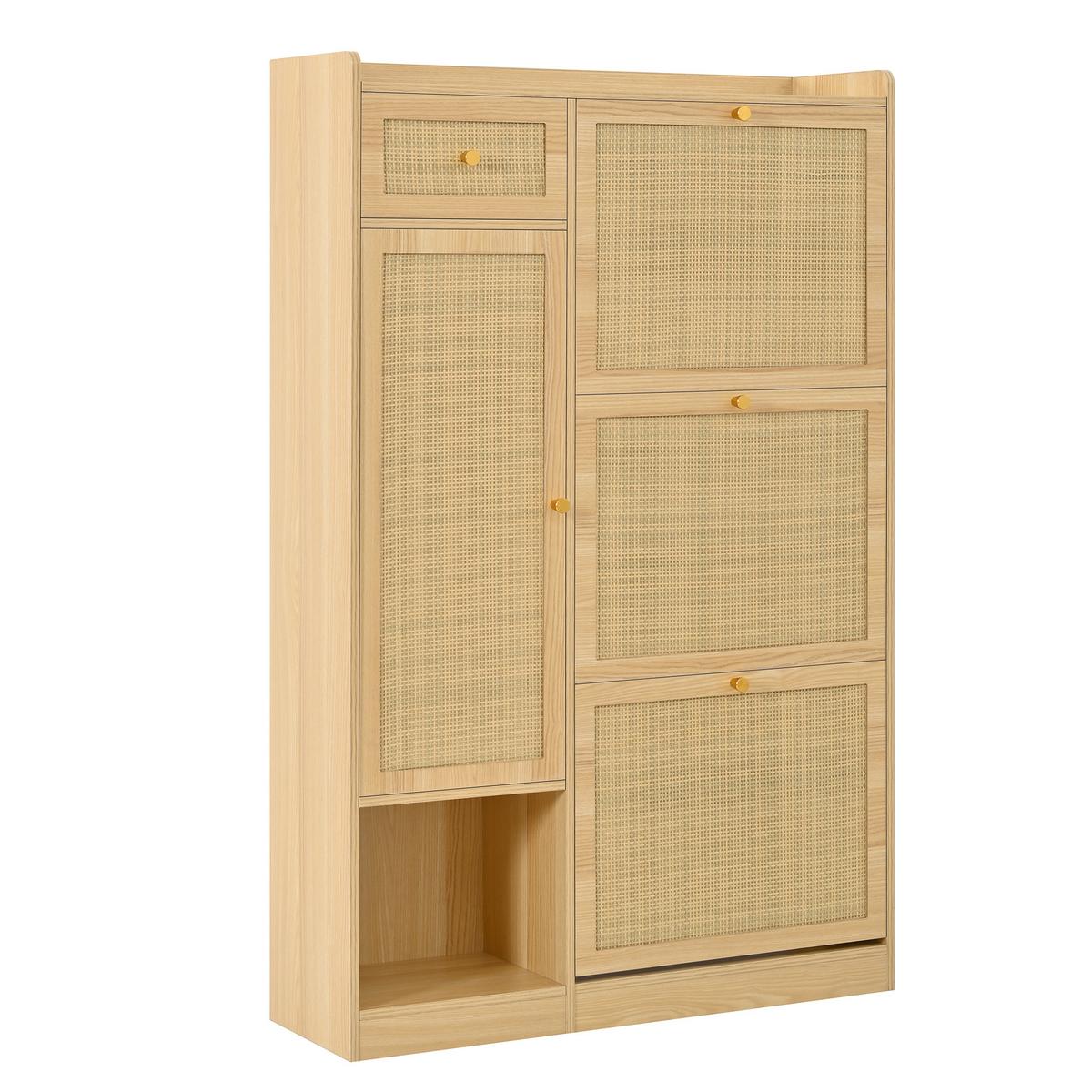 SCHUHSCHRANK Modern 3 Klappfächer 1 Tür Schublade Höhenverstellbar - Naturfarben, Holzwerkstoff (80.5/125/25cm) - Urban Meuble