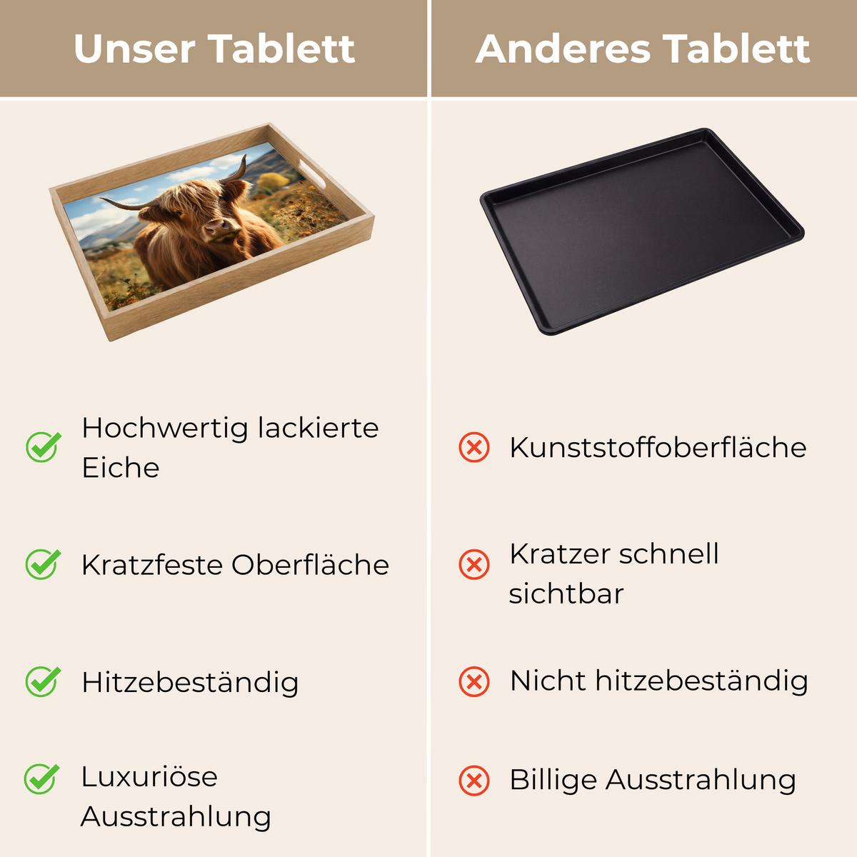 TABLETT Schottische Highlander - Blumen - Hörner - Wolken 50x35 cm - Braun, Holz (50/5/5cm) - OnlyWow