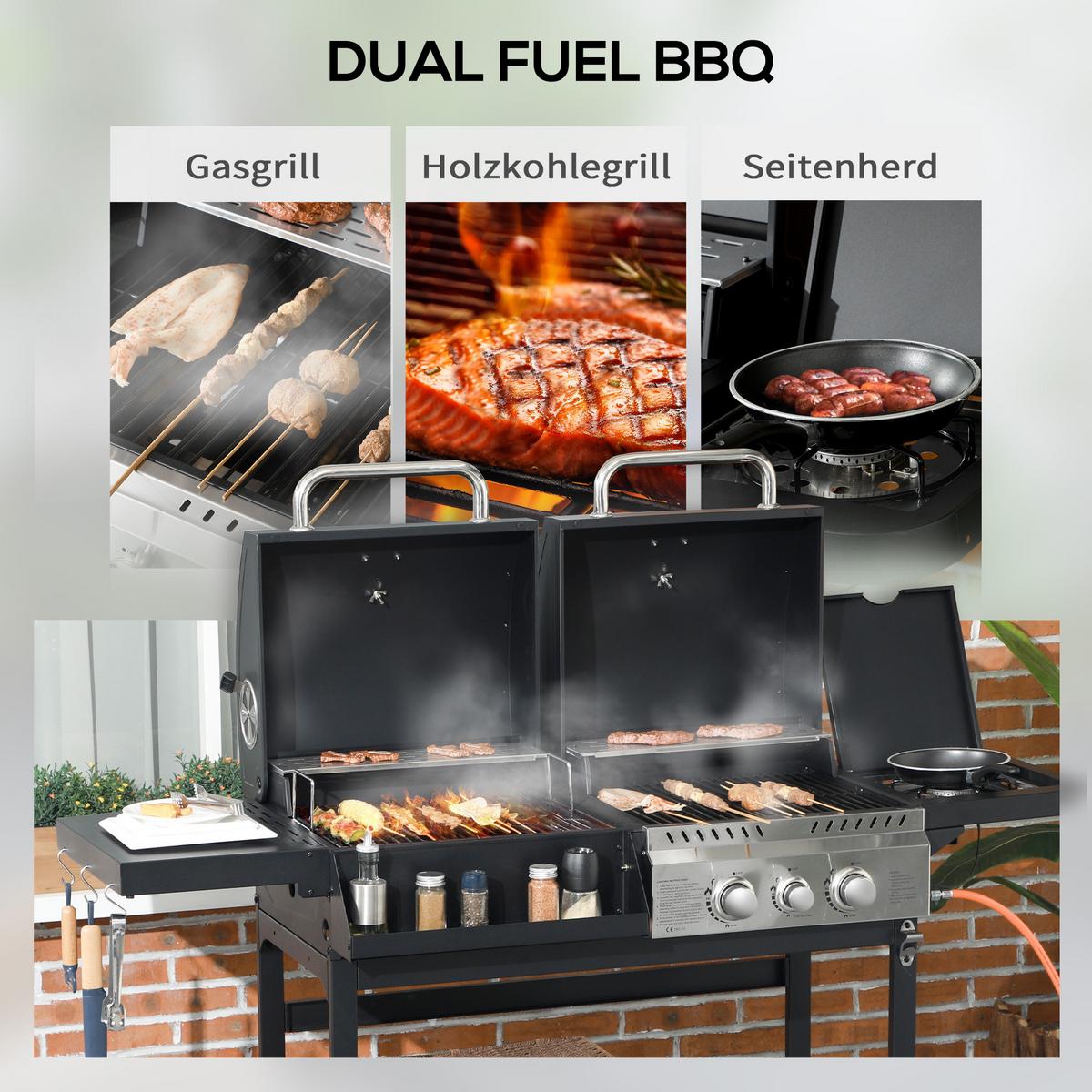 GASGRILL mit 2+1 Brenner, Thermometer, 3kW BBQ Holzkohlgrill mit Regal - Schwarz, Metall (54/103/161cm) - Outsunny