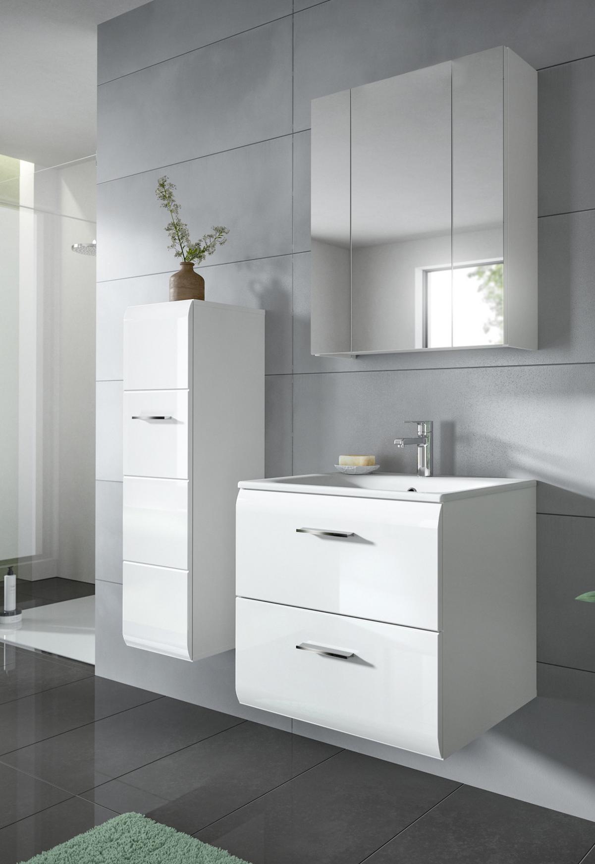 BADMÖBEL-SET weiß Hochglanz 3-teilig 105 cm, Komplettset inklusive Waschbecken - Weiß Hochglanz/Silberfarben, Glas/Holzwerkstoff (105/185/46cm) - Inn.Furn