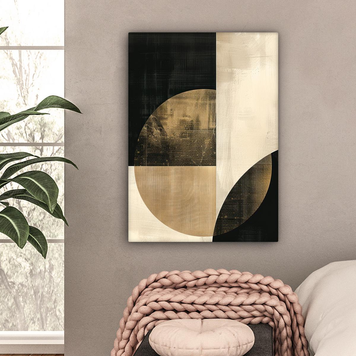 LEINWANDBILD Abstrakt - Geometrische Formen - Schwarz - Gold Wandbild Wohnzimmer 60x80 cm - Ecru, Textil (60/80cm) - MuchoWow