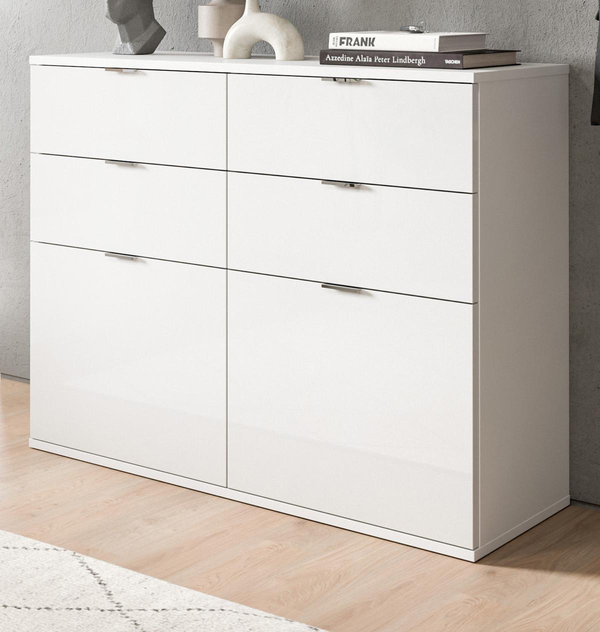KOMMODE weiß Hochglanz 110 cm, Schuhschrank mit 4 Vollauszug Schubkästen und 4 Fächern - Chromfarben/Weiß Hochglanz, Holzwerkstoff/Kunststoff (110/85/37cm) - Inn.Furn