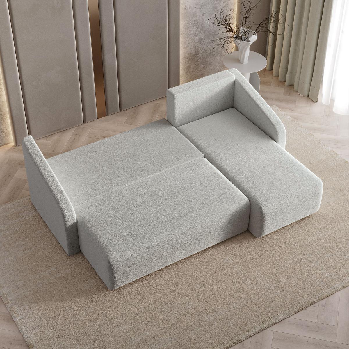 ECKSOFA MARELLO Hellgrau Boucle-Stoff mit Schlaffunktion - Hellgrau, Holz (220/143cm) - MASSENO