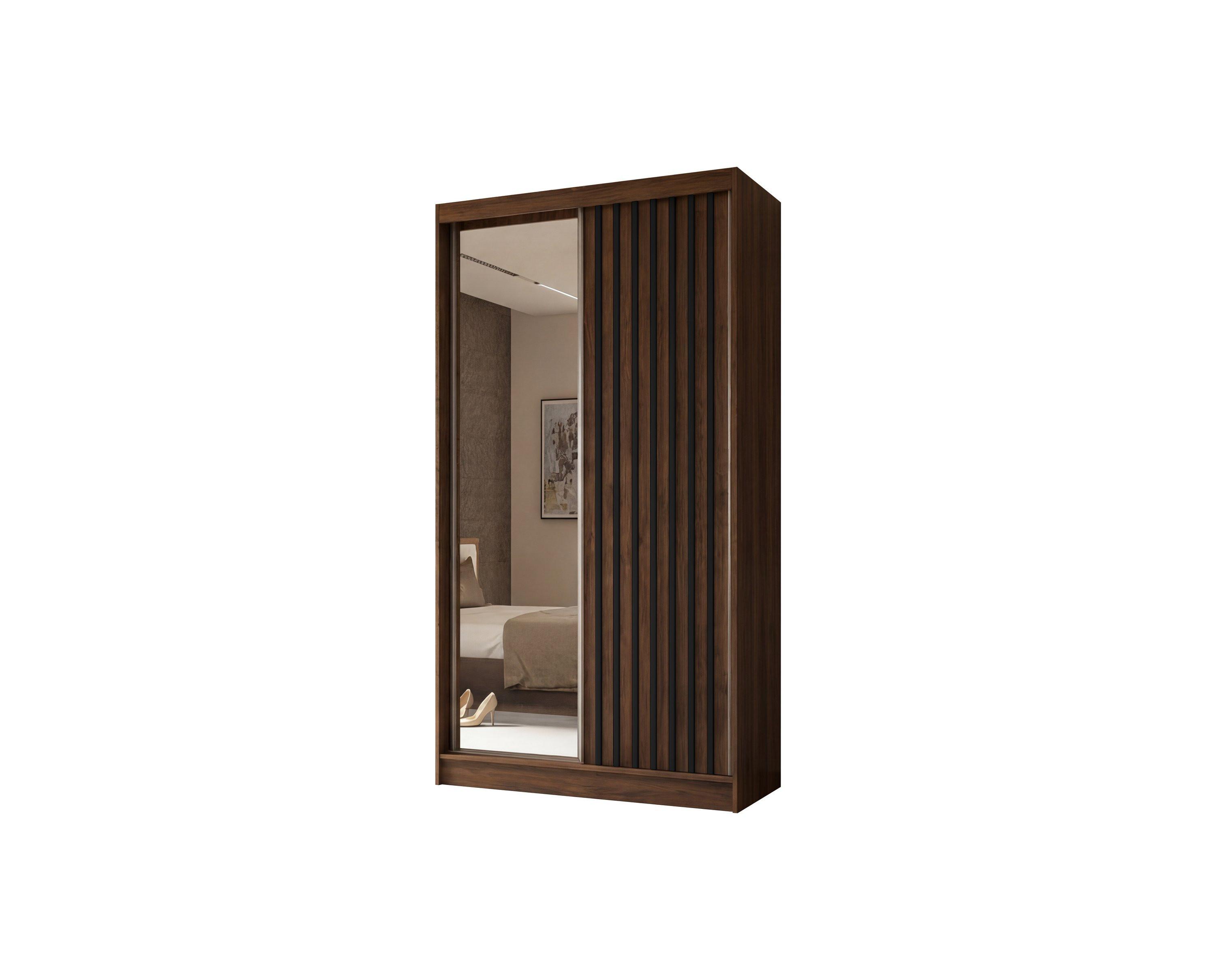 SCHWEBETÜRENSCHRANK LAMELLO 120/216/61 cm Modern Kleiderschrank 2-türig mit Spiegel Nussbaumfarben - Nussbaumfarben, Holzwerkstoff (120/216/61cm) - MASSENO