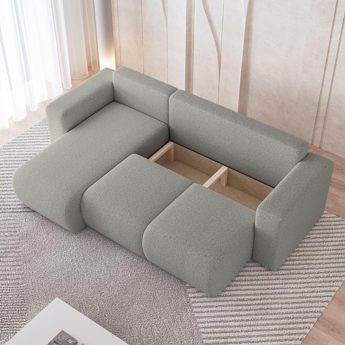 ECKSOFA RINOVA Hellgrau Boucle-Stoff mit Schlaffunktion - Hellgrau, Holz (250/143cm) - MASSENO