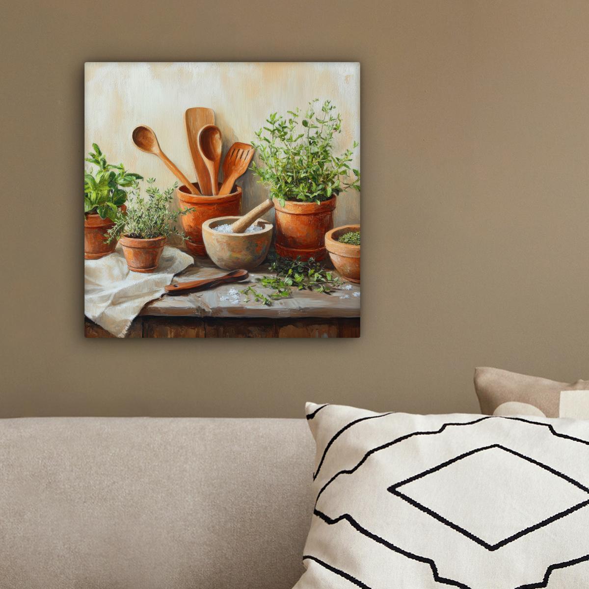 LEINWANDBILD Töpfe - Kräuter - Holz Deko Wohnzimmer 20x20 cm - Terracotta, Textil (20/20cm) - MuchoWow