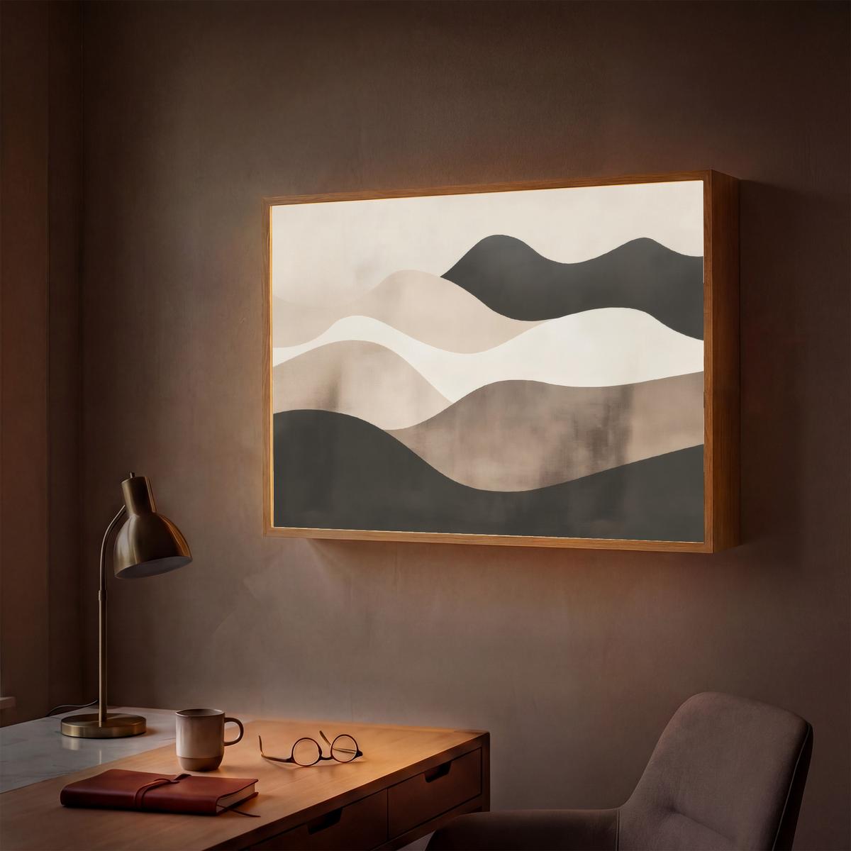 WANDLEUCHTE MIT AKKU Abstrakt - Landschaft - Wellen - Cremefarben 100x70 cm - Graubraun, Holzwerkstoff (100/70/8cm) - OnlyWow