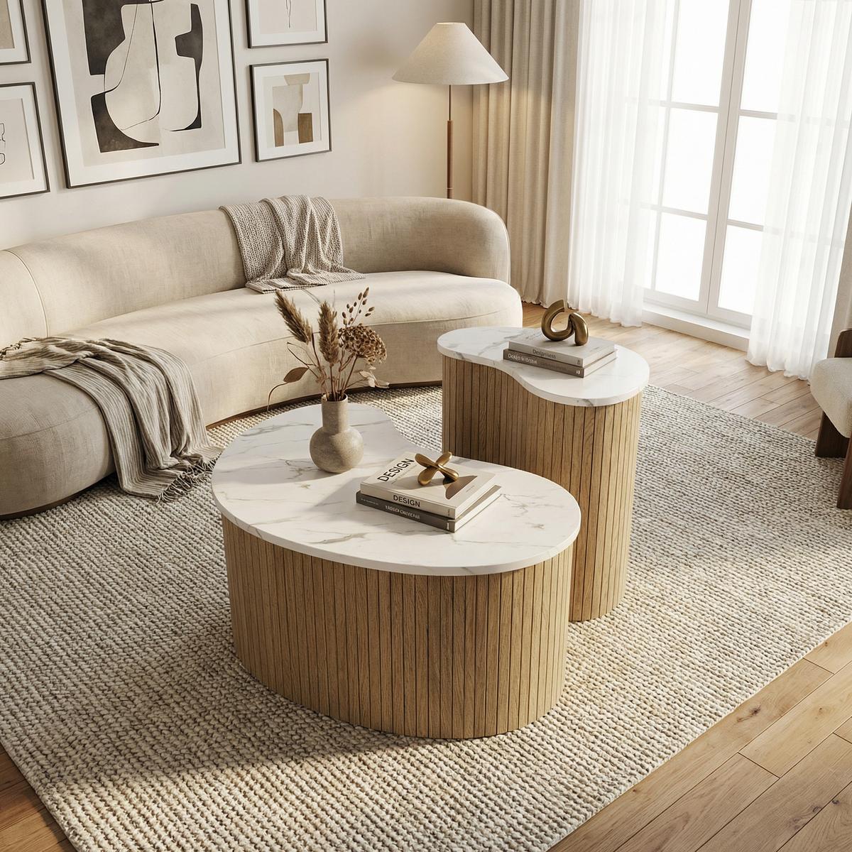 COUCHTISCH 2er Set in Marmor-Optik & Naturholz-Design - Weiß, Holzwerkstoff (37/60/38cm) - Urban Meuble