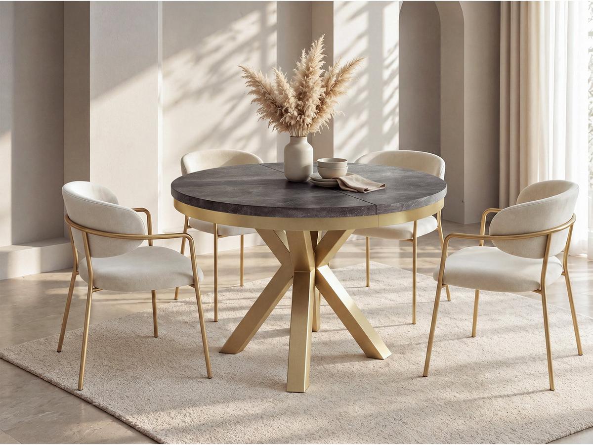 ESSTISCH Clara Gold runder ausziehbarer, Dunkelgrauer Chicago Beton 100-180/100/76 cm - Dunkelgrau/Goldfarben, Holzwerkstoff/Metall (100/176/76cm) - WFL GROUP