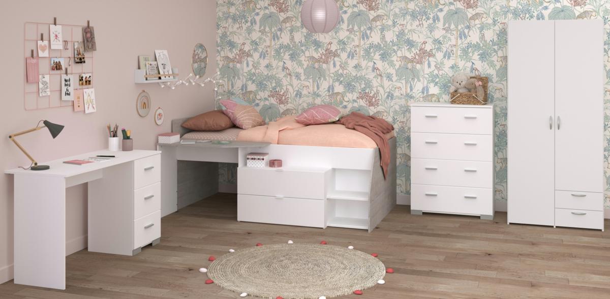KINDERZIMMER weiß, grau, Komplett-Set 4-teilig mit viel Stauraum - Silberfarben/Weiß, Holzwerkstoff/Kunststoff (135/185/203cm) - Parisot Meuble
