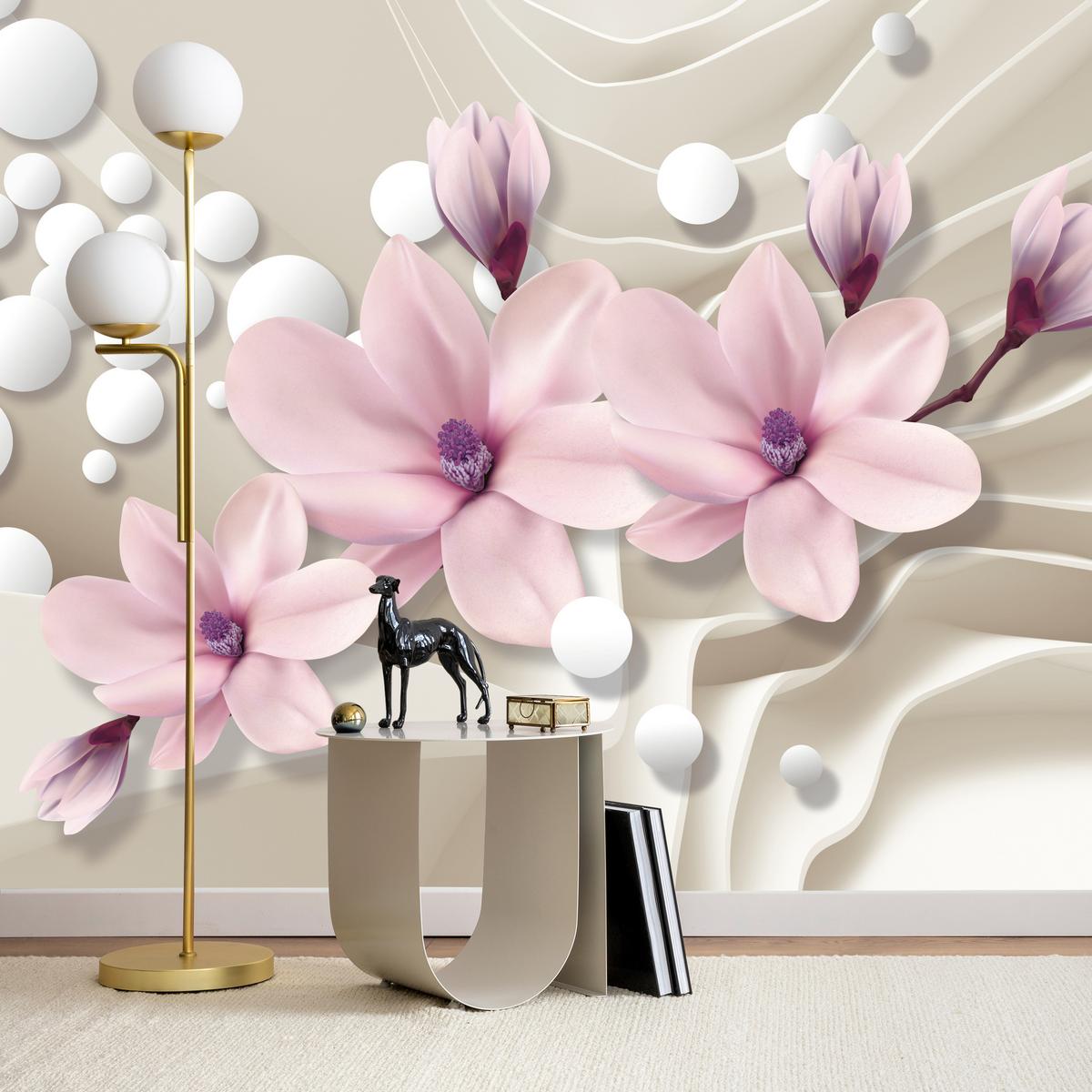 FOTOTAPETE für Wohnzimmer BLUMEN Magnolien ROSA Welliges Raumhintergrund 100x70 - Beige/Rosa, Papier (100/70cm) - Muralo