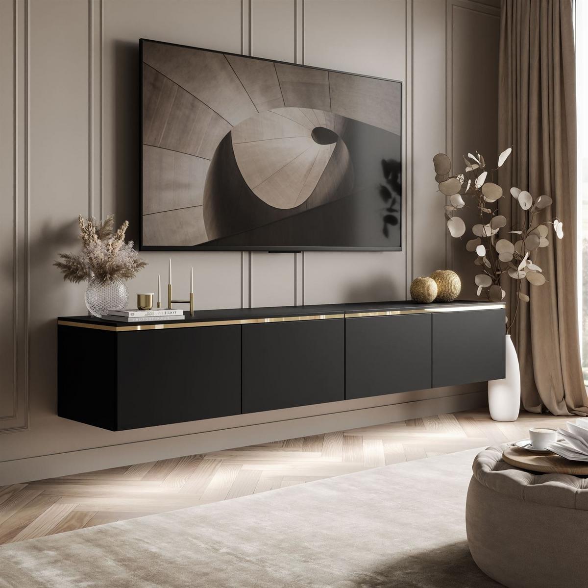 TV-RACK CELINE schwarz matt 200 cm (hängend) mit LED-Beleuchtung - Schwarz, Holzwerkstoff (200/35/40cm) - Lookway