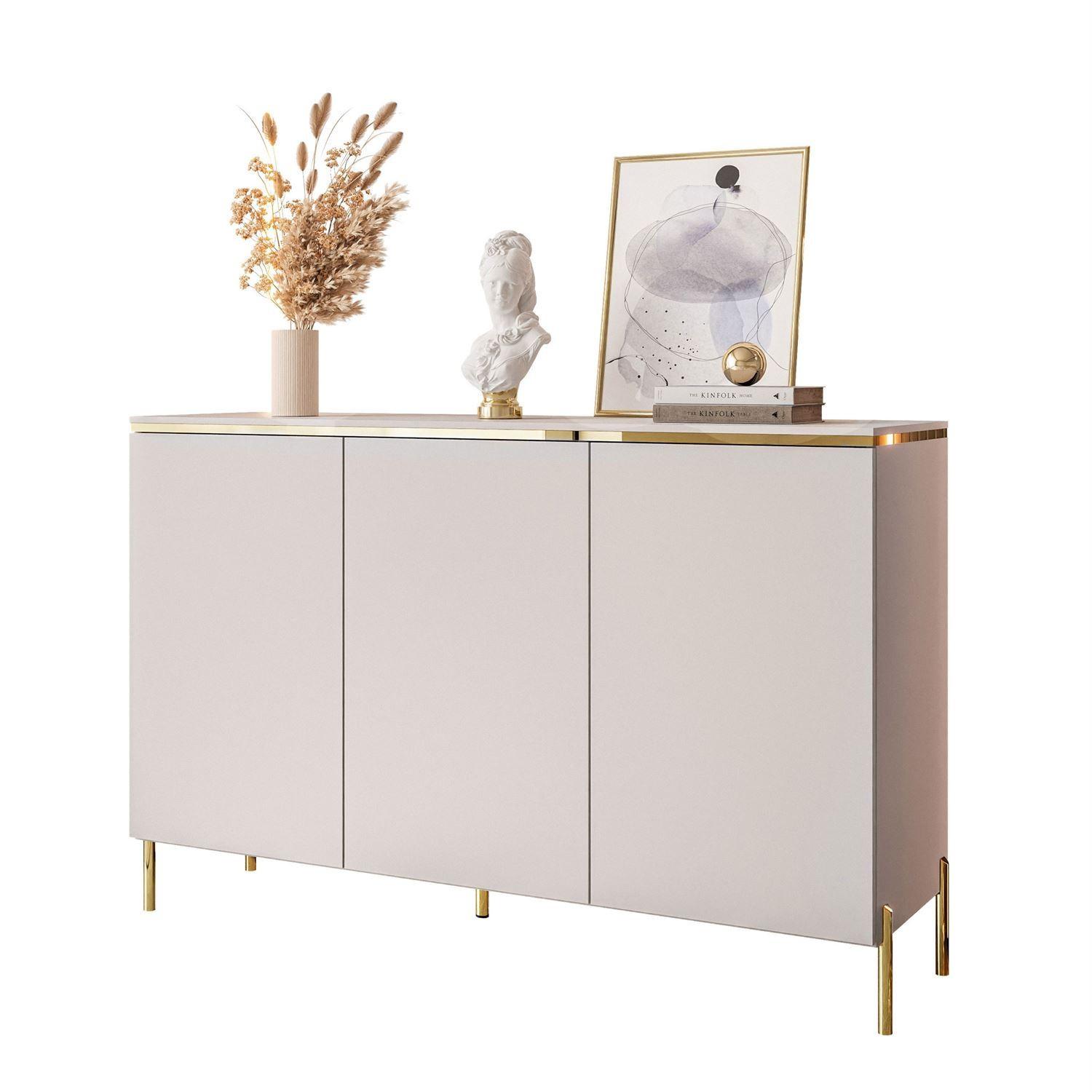 KOMMODE AURORA 3D Kaschmir mit gerade Goldchrom Fuße - Kaschmir/Goldfarben, Holzwerkstoff/Metall (140/91/40cm) - Lookway