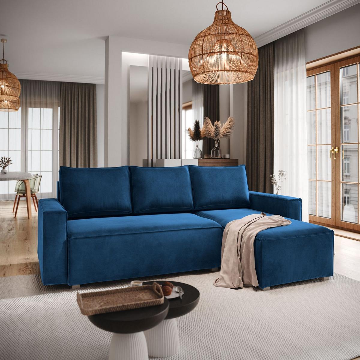 ECKSOFA SILES Blau Velours-Stoff mit Schlaffunktion - Blau/Grau, Holz/Kunststoff (230/140cm) - MASSENO