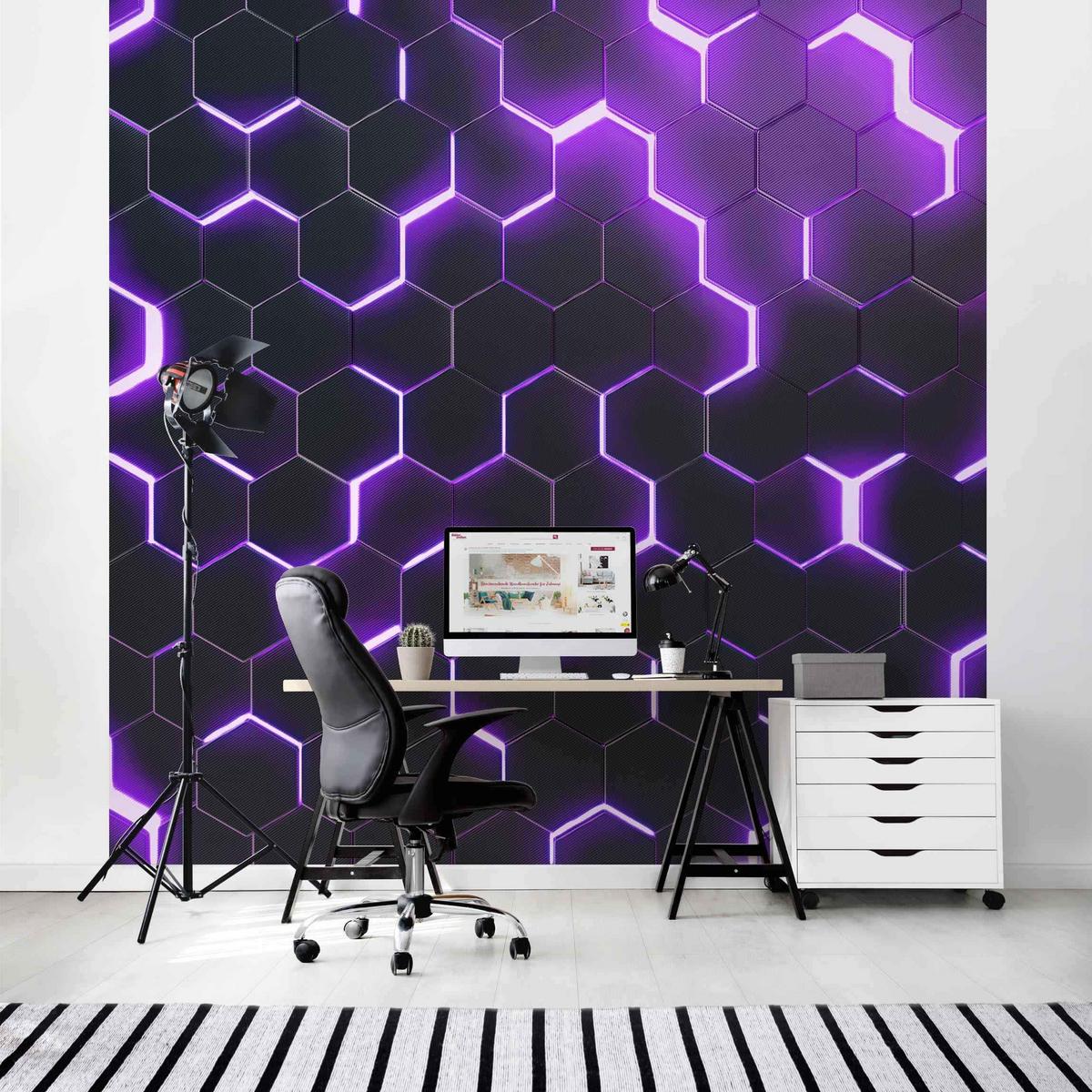 FOTOTAPETE Strukturierte Hexagone mit Neonlicht in Lila 240/240 cm - Schwarz, Papier (240/240cm) - Bilderwelten