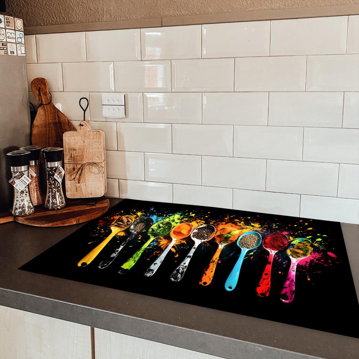 HERDABDECKPLATTE Löffel - Gewürze - Modern - Graffiti - Farbe - Farbenfroh Induktionsmatte 77x51 cm - Multicolor, Kunststoff (77/51/0.2cm) - MuchoWow