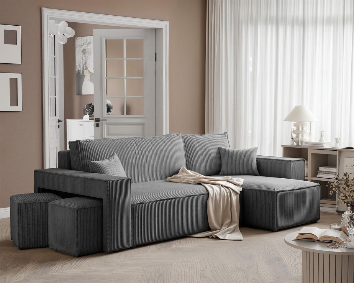 ECKSOFA Adara Inkl. Hocker - Grau, Holzwerkstoff/Textil (145/262cm) - Fun Möbel