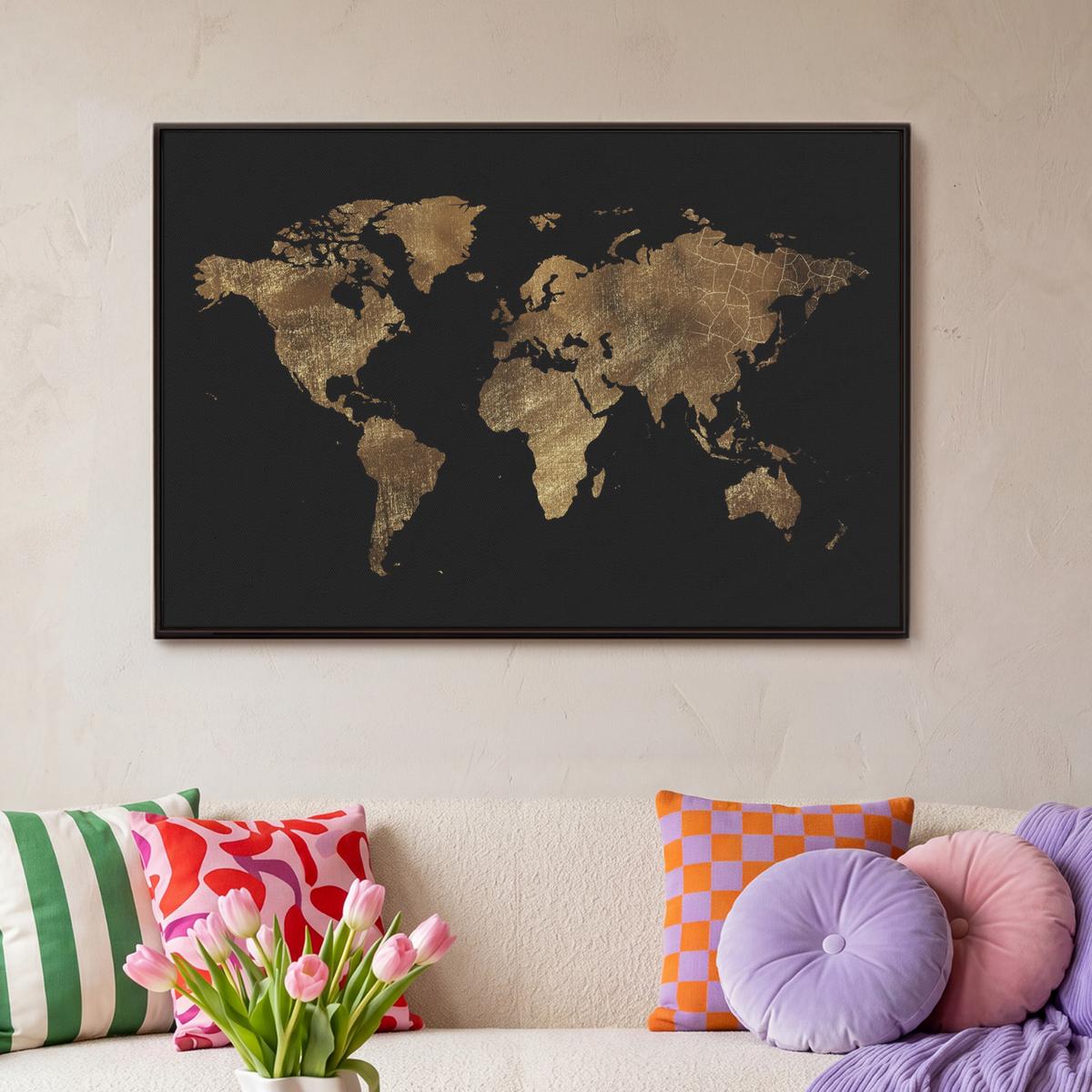 LEINWAND Bilder mit Rahmen - Weltkarte - Gold - Luxus - Erde - Schwarz - 90x60 - Goldfarben, Textil (90/60cm) - MuchoWow