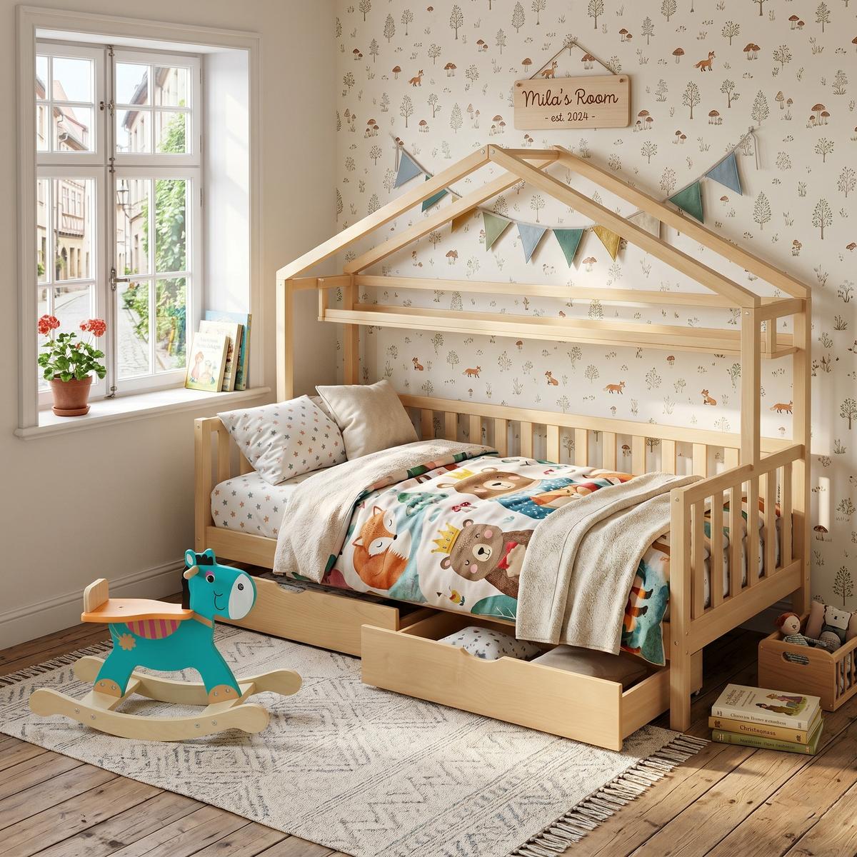 KINDERBETT HAUSBETT 90x200 massivholz in natur mit 2 schubladen - Naturfarben, Holz (90/200cm) - Urban Meuble