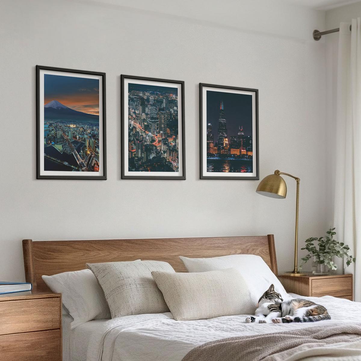 BILDER SET 3er Set - 40x60 cm Schwarzer Rahmen - Bergpanorama der Stadt bei Nacht - Schwarz, Kunststoff (40/60cm) - TULUP