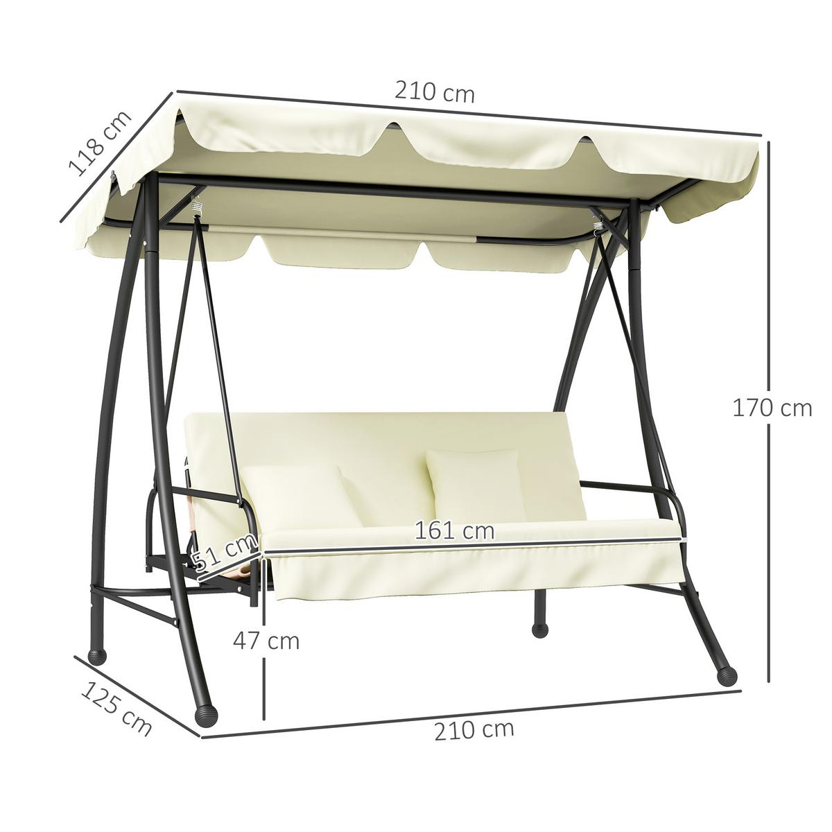 HOLLYWOODSCHAUKEL 2 in 1 mit Liegefunktion 3-Sitzer Gartenschaukel Cremeweiß - Creme, Metall (125/170/210cm) - Outsunny