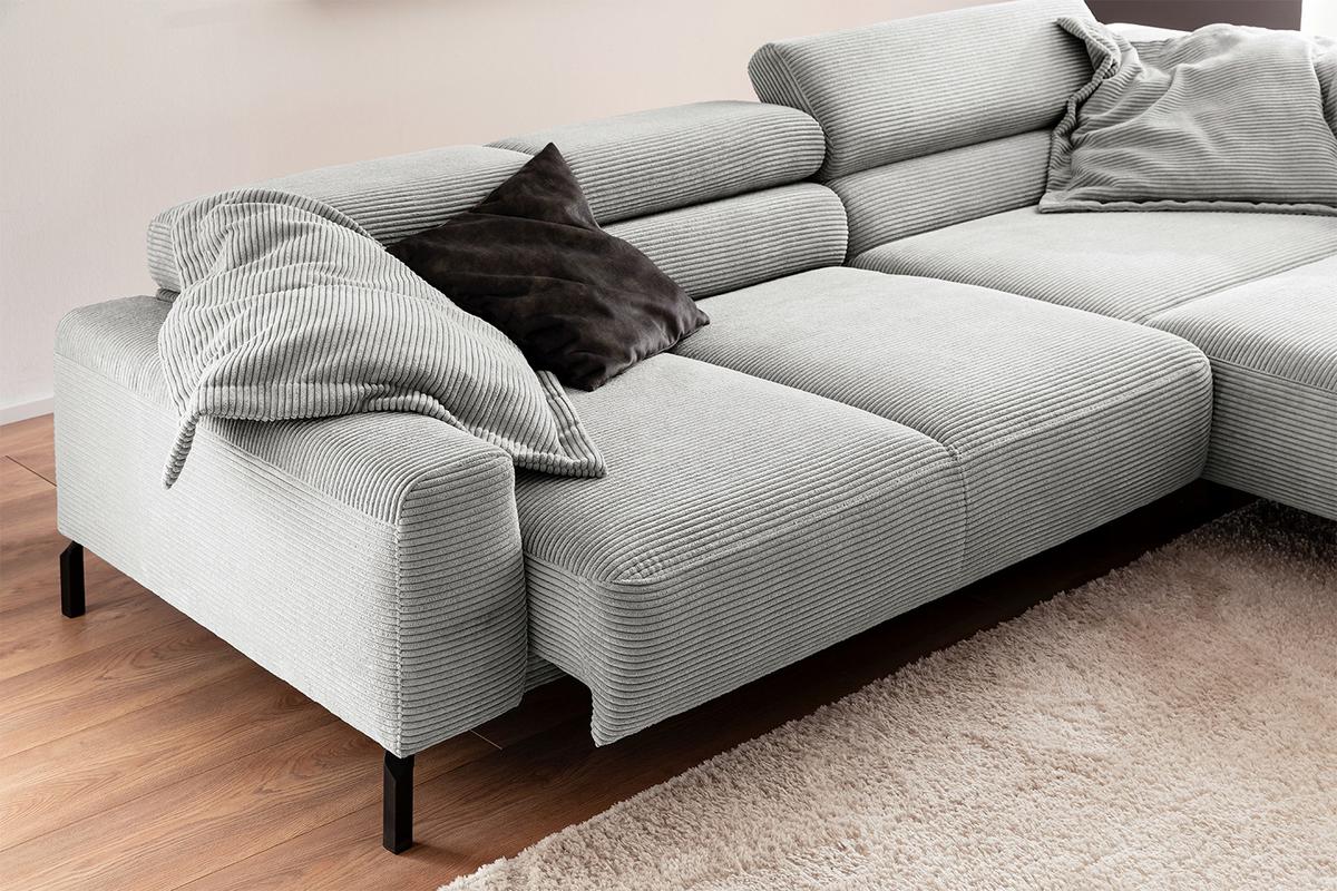 ECKSOFA DELIA Hellgrau Cord Relaxfunktion - Hellgrau/Schwarz, Textil/Metall (276/219cm) - KAWOLA