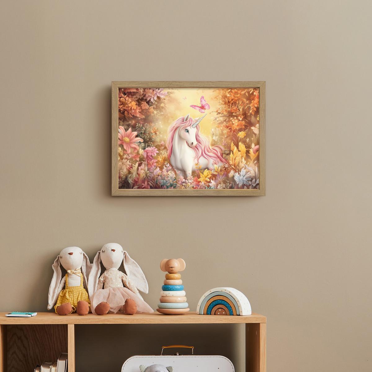 WANDLEUCHTE MIT AKKU Einhorn - Blumen - Schmetterling - Rosa 40x30 cm - Beige, Holzwerkstoff (40/30/8cm) - OnlyWow