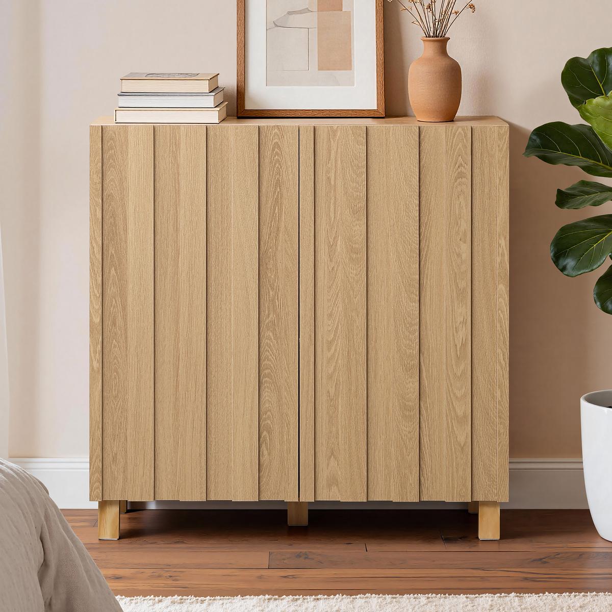 SIDEBOARD Holz mit 2 Türen und Füßen aus Kiefernholz | B80 x T35 x H80 cm - Eichefarben, Holz/Holzwerkstoff (80/80/35cm) - Hometopia