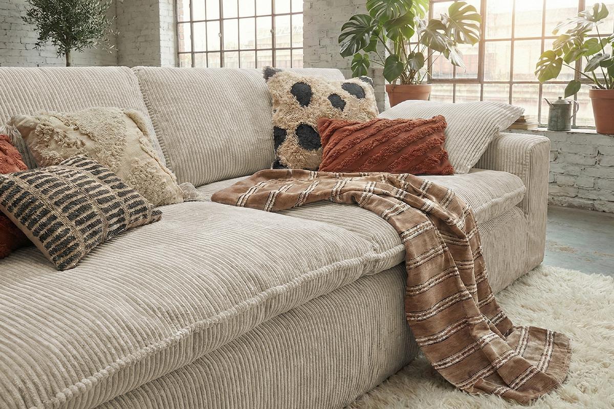 SOFA NETTA Cremeweiß Cord - Creme/Braun, Birkenholz/Textil (258/90/116cm) - KAWOLA