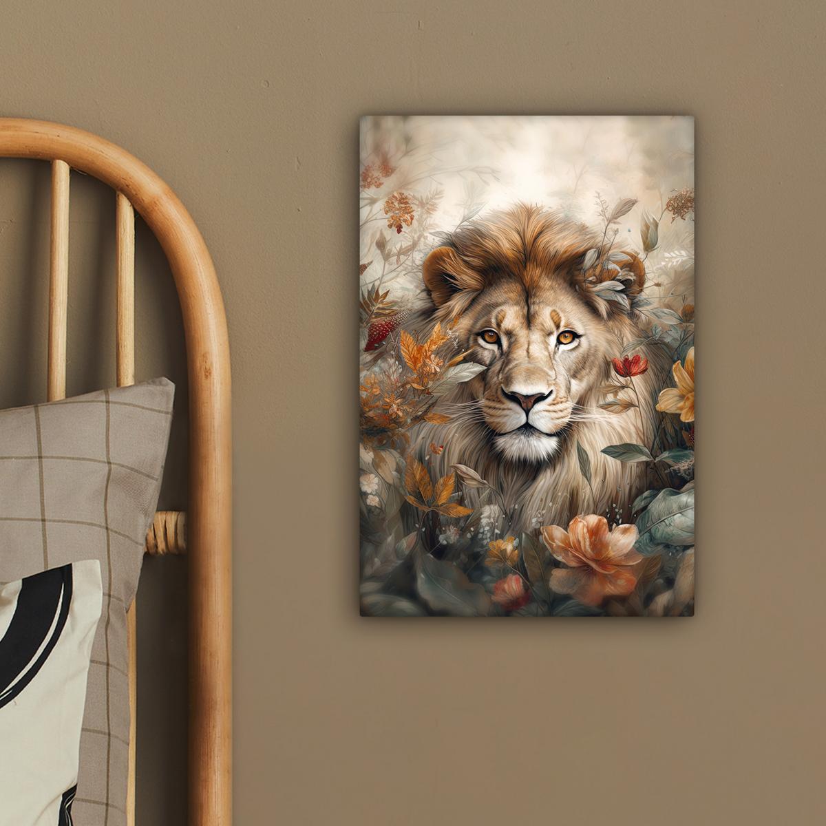 LEINWANDBILD Löwe - Wildtiere - Pflanzen - Natur - Blumen Deko Wohnzimmer 20x30 cm - Beige, Textil (20/30cm) - MuchoWow