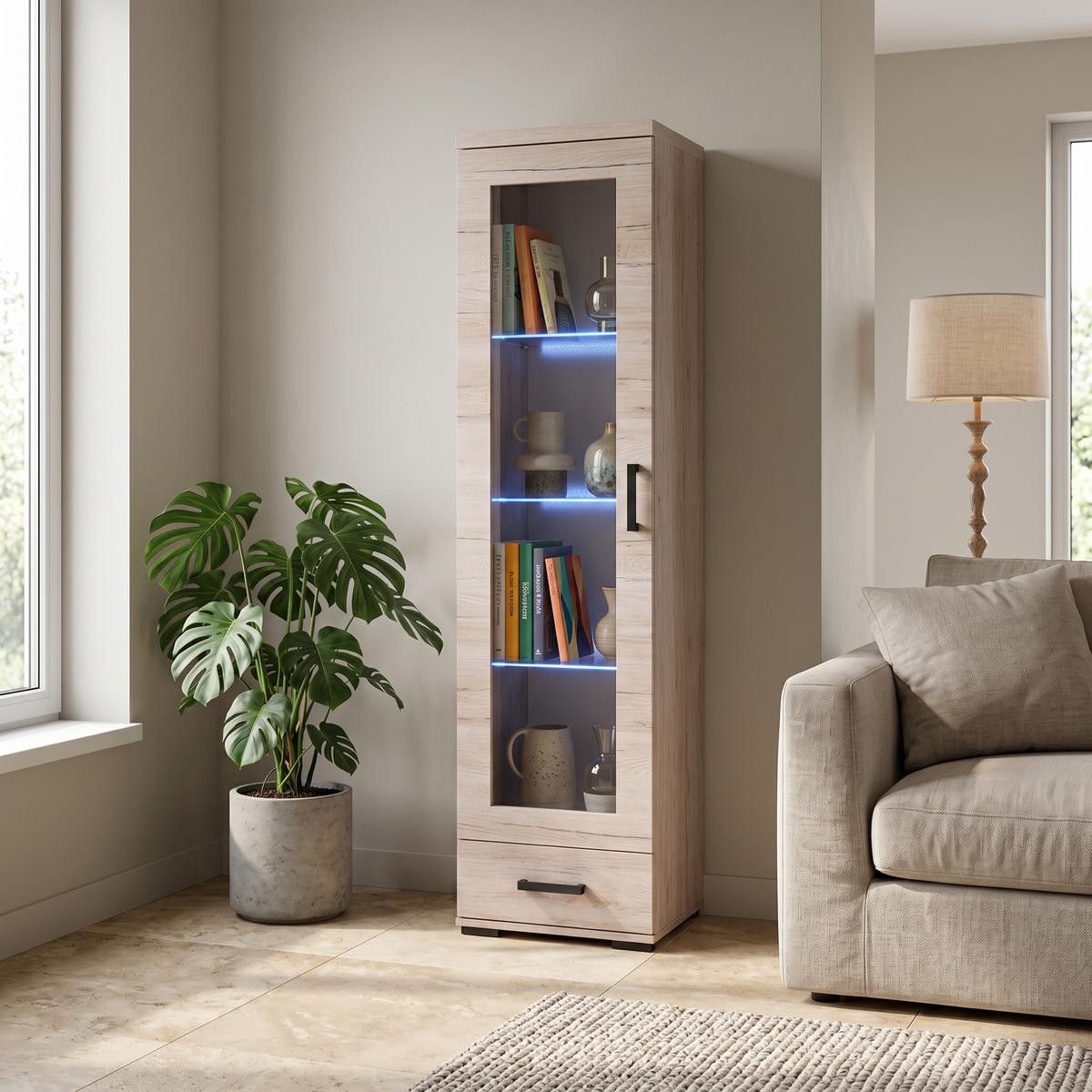 VITRINENSCHRANK LIVORNO 188 x 50 cm Eichefarben - Eichefarben, Holzwerkstoff (50/188/40cm) - MASSENO
