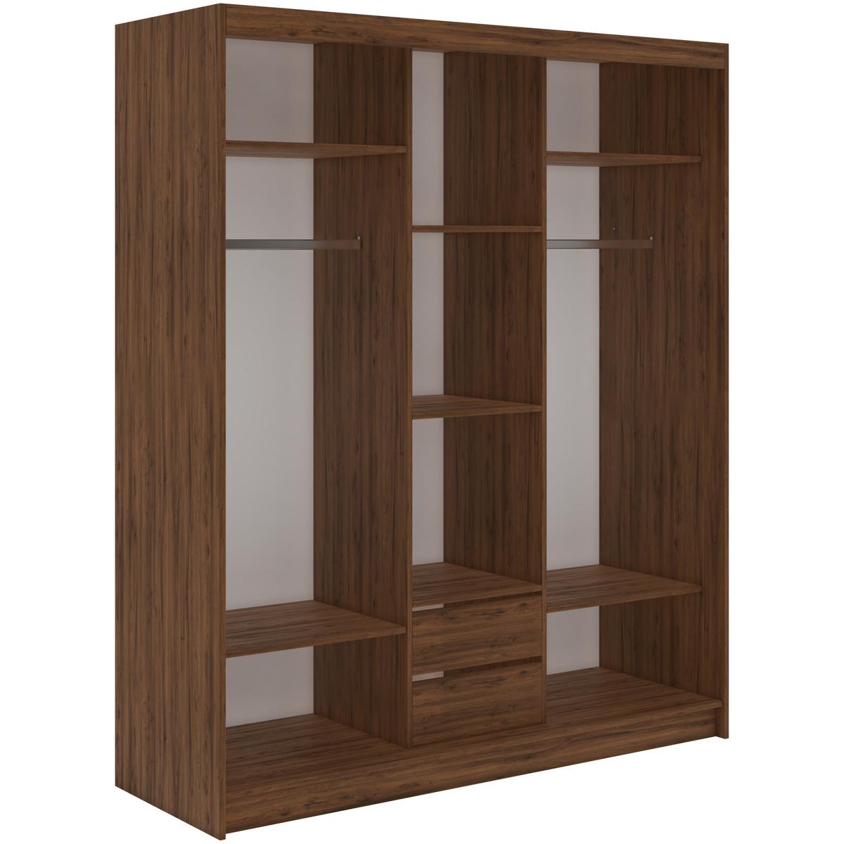 SCHWEBETÜRENSCHRANK mit Schubladen 180 - SKORIA - Warmia Walnuss mit Spiegel - Walnussfarben/Alufarben, Holzwerkstoff/Metall (180/216/61cm) - MKS