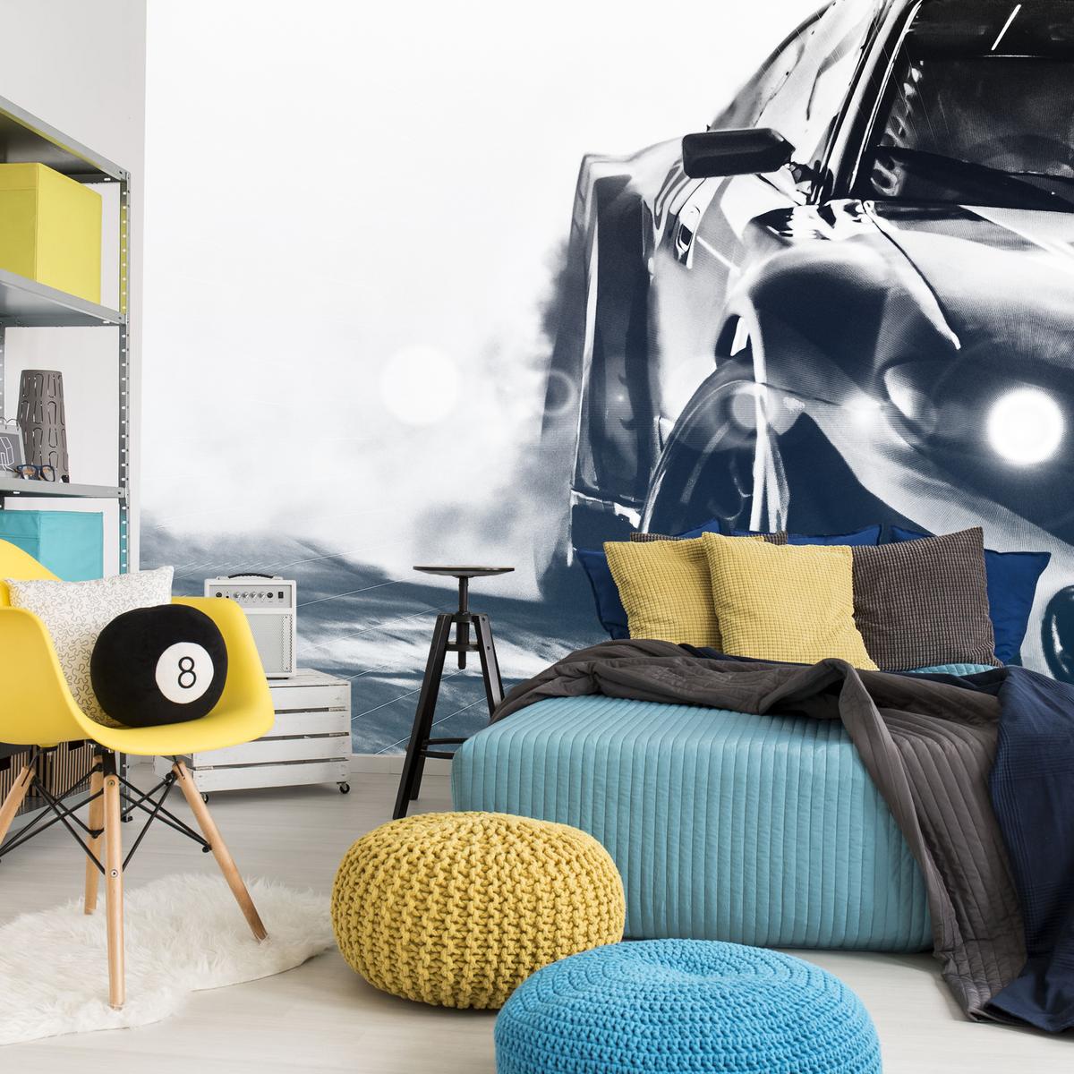 FOTOTAPETE für Jugendzimmer Drift Sportwagen Action 350x256 - Schwarz/Weiß, Papier (350/256cm) - Muralo