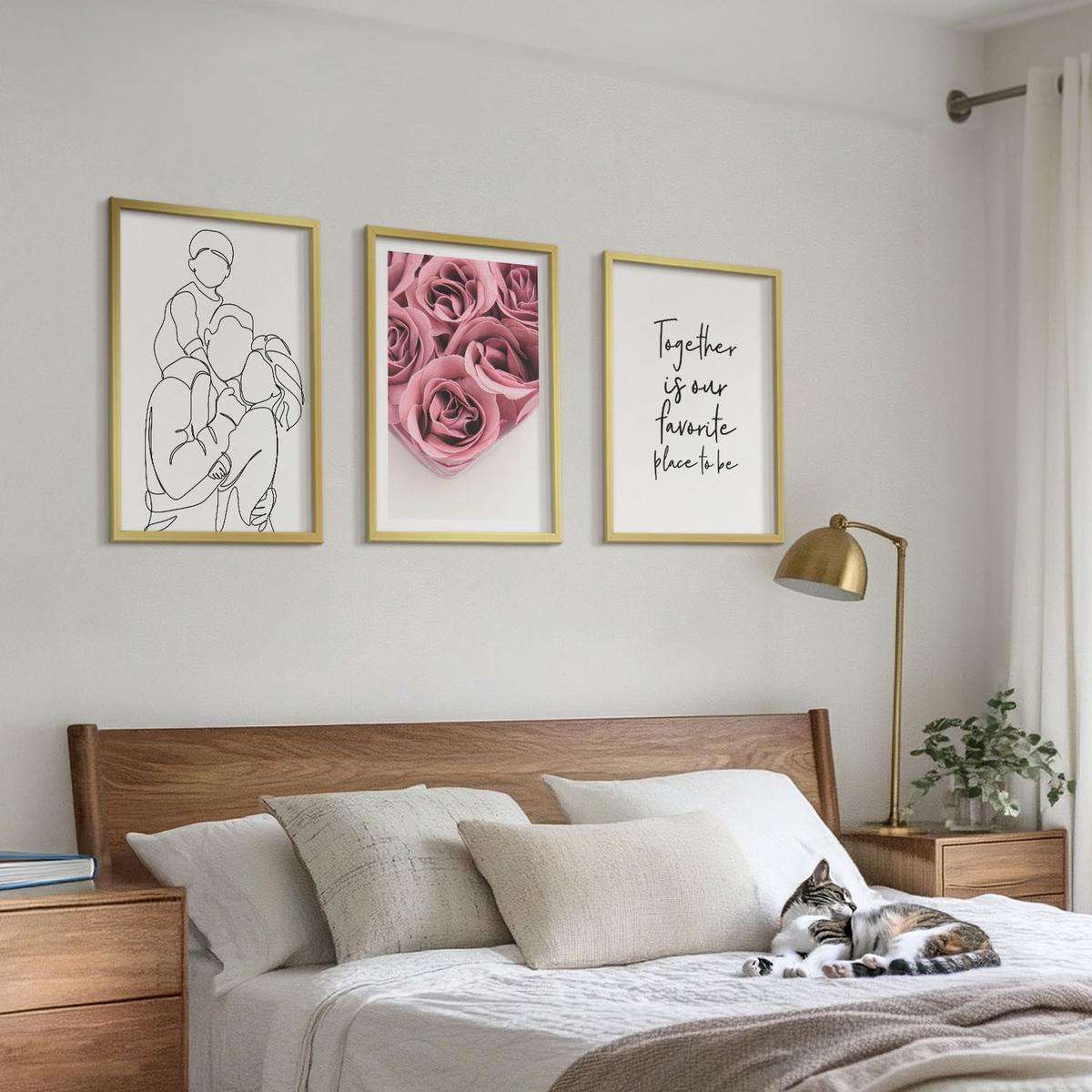 BILDER SET 3er Set - 40x60 cm Goldrahmen - Rosensträuße als Familienzeichnung - Goldfarben, Kunststoff (40/60cm) - TULUP